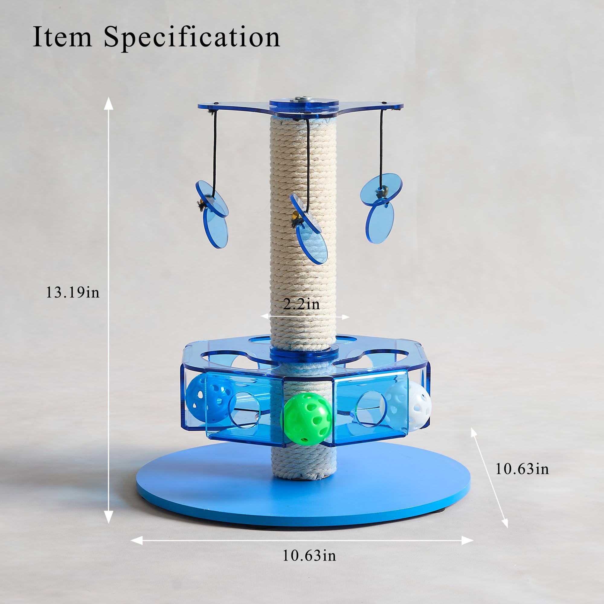 Kicari 3-in-1 Interactive Cat Toy with Scratching Post, Acrylic, Blue, 11.42"x11.42"x13.19", Model Blue-001, Rotating Puzzle