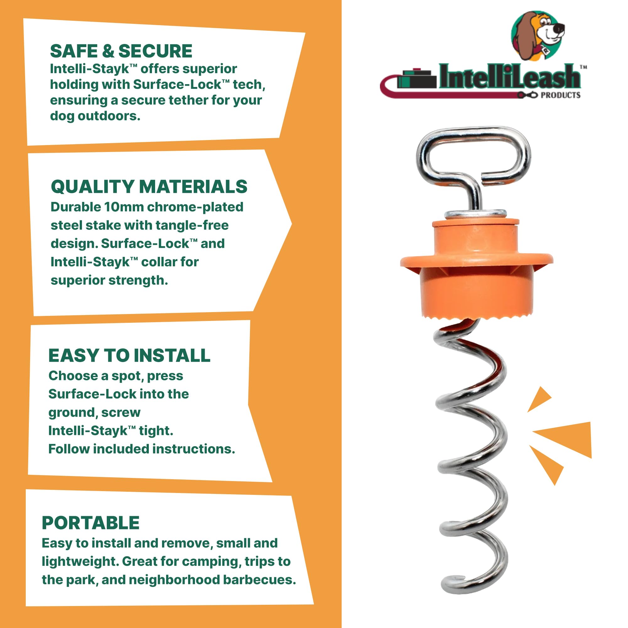 Intellileash Intelli-Stayk 4" Diameter Dog Leash with Surface-Lock Technology, Orange-Silver, Model 76071
