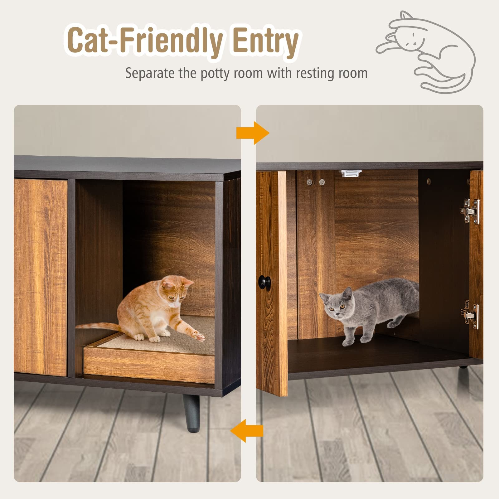 Petsite Cat Litter Box Enclosure, Wooden Hidden Cat Washroom Furniture With Divider & Cat Scratcher, Stackable Pet House End Table