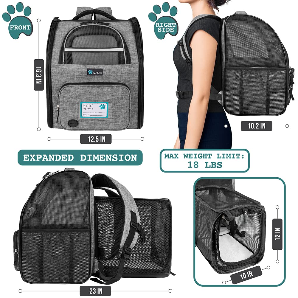Petami Dog Cat Backpack Carrier, Expandable Pet Carrier Backpack For Travel Hiking, Small Medium Dog Puppy Large Cat Carrying Backpack, Airline Approved Ventilate Soft Back Support, 18 Lbs, Light Gray