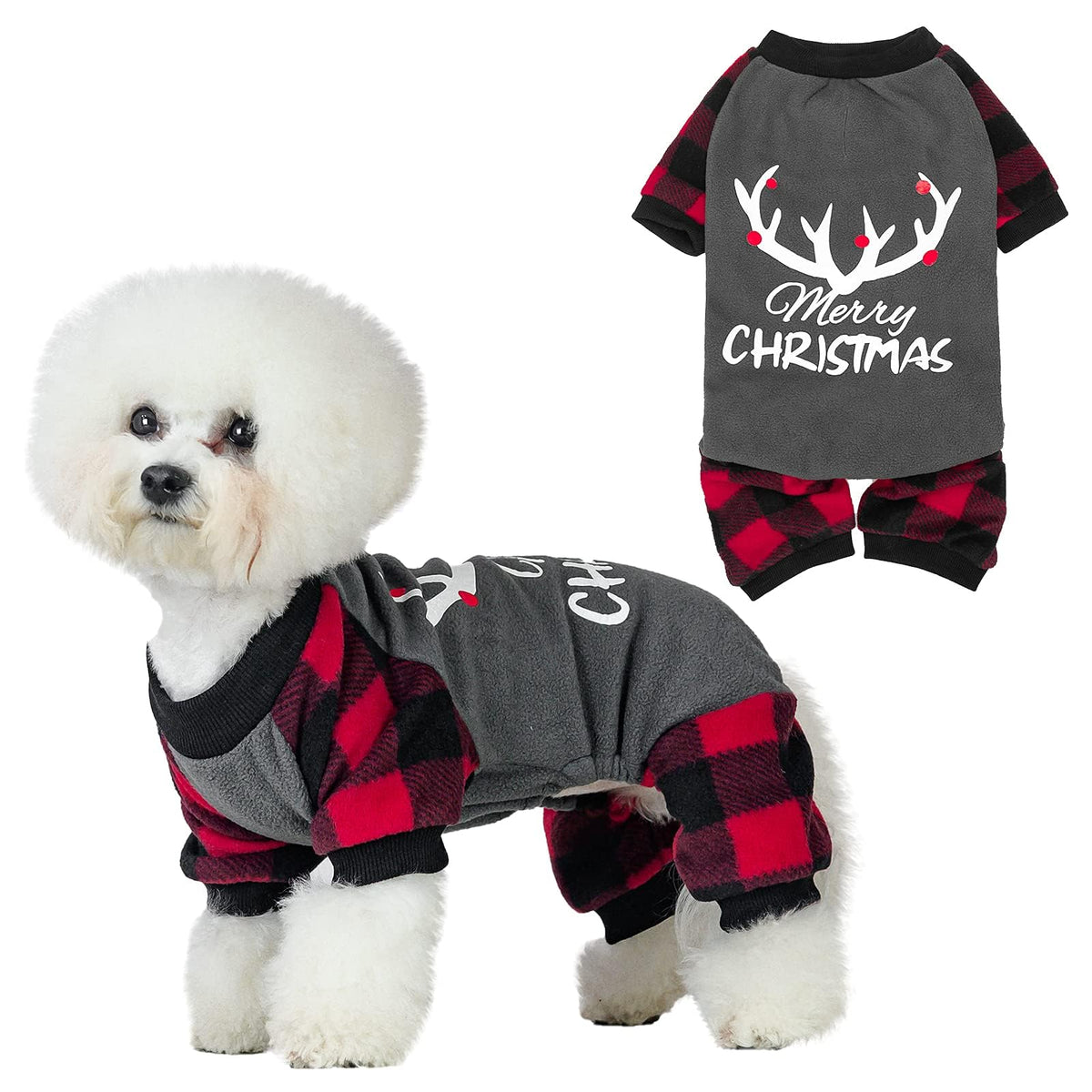 Bingpet Small Dog Pajamas Plaid With Reindeer,Pet Onesie With Feet,Soft Comfortable Dog Sweater Warm Pet Winter Clothes Classic Plaid Puppy Pajamas,Pet Cat Pajamas,Lightweight Pet Jumpsuit