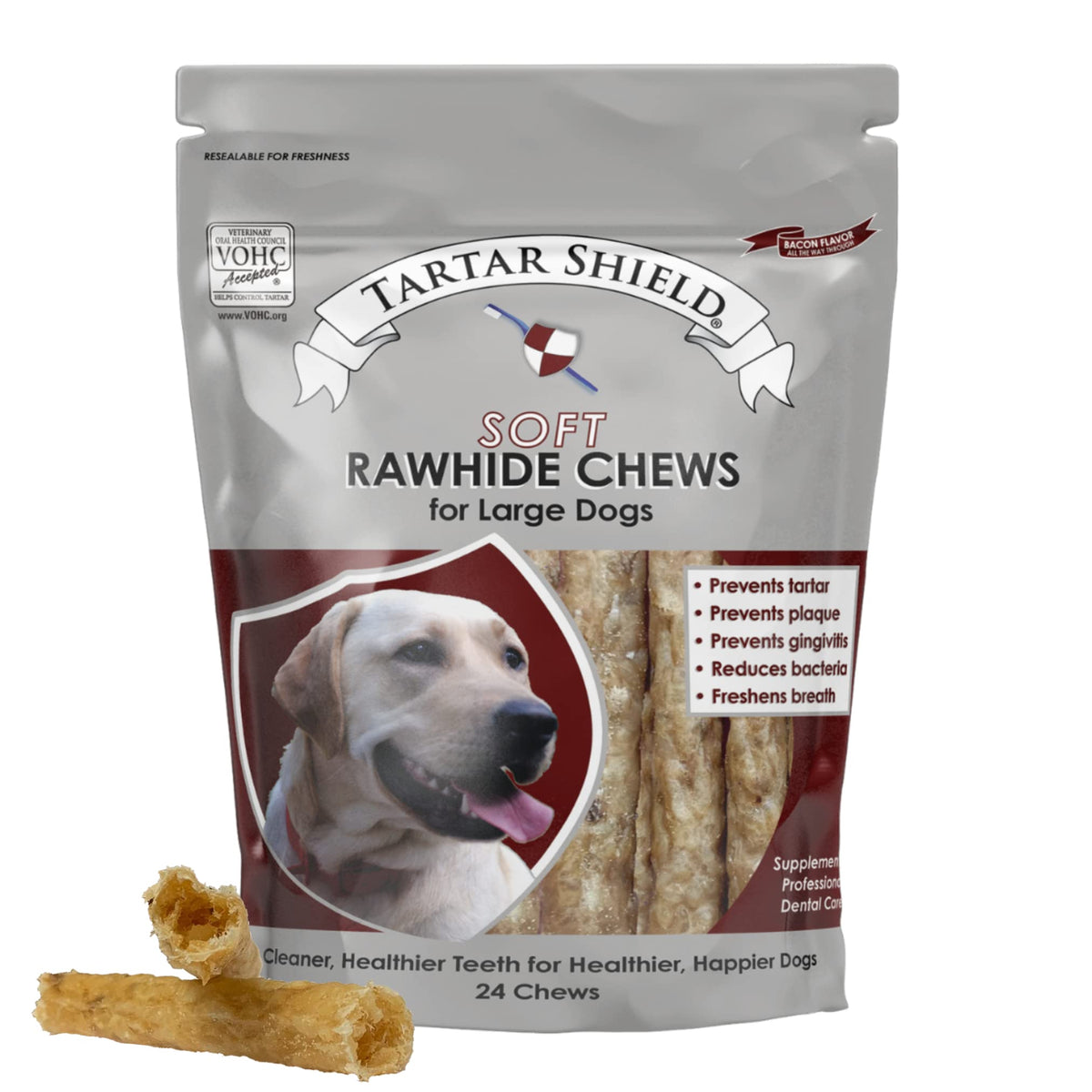 Tartar Shield Soft Rawhide Chews | Safe Dental Treats For Large Dogs | Vet Vohc Approved | Daily Bone Cleans Teeth & Gums Fresh Breath Oral Health Support | Usa Made | (Large Dogs / 24 Count)