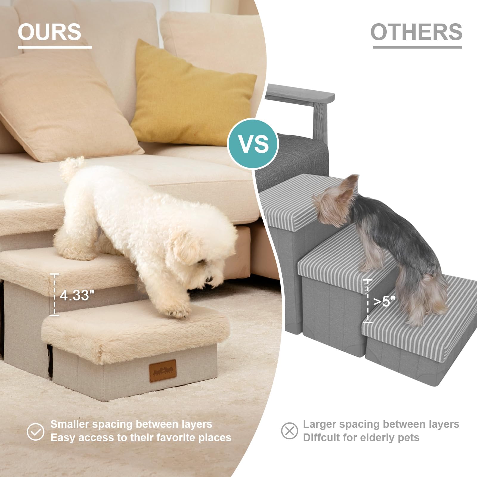 Cozy Kiss Dog Stair For Small Dogs With Storage, 21'' H Foldable Pet Step With Soft Cover, Older Cat Ramp For High Bed Or Car, L