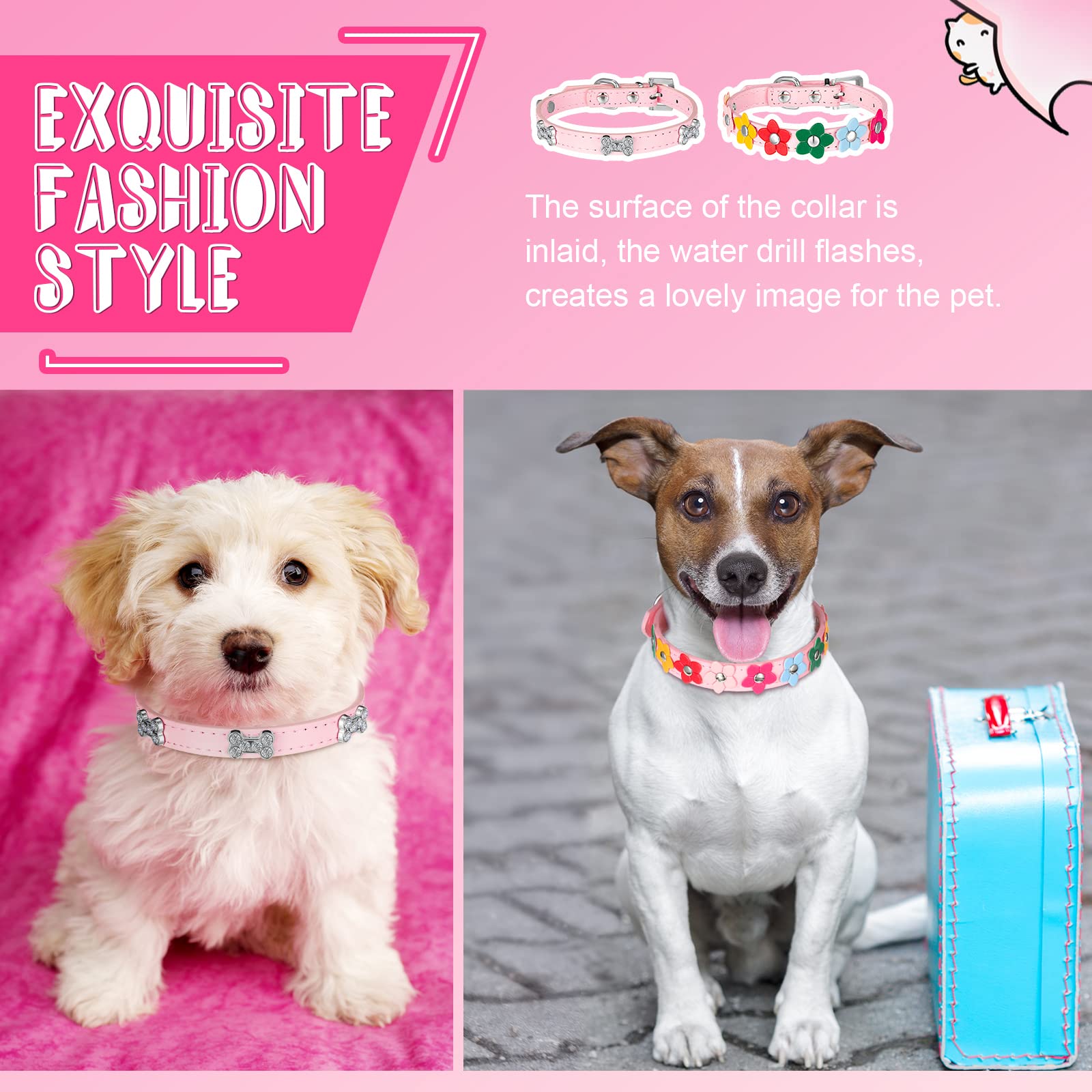 4 Pcs Pink Dog Collar Spiked Studded Dog Collars Pearls Dog Necklace Dog Collar With Rhinestone Bow Knot Crystal Diamond Colorful Flower Bling Girl Dog Cat Collars For Dogs(Novel Style,Medium)