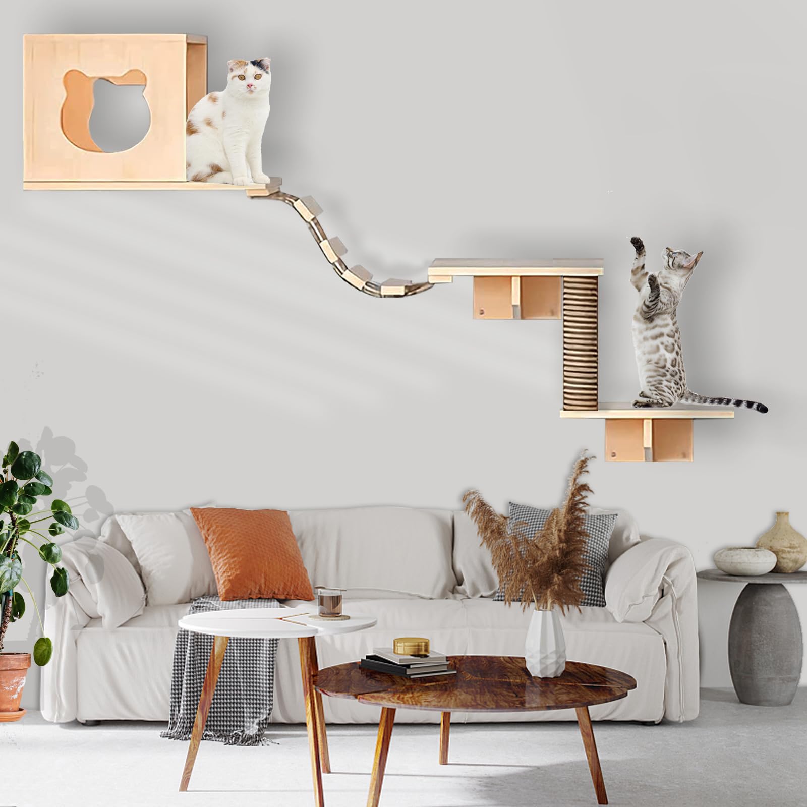 Canormpet Cat Wall Shelves, 3 Levels Cat Furniture With 1 Condo, 2 Shelves, 1 Scratching Post, 1 Bridge Ladder, Pine Wood