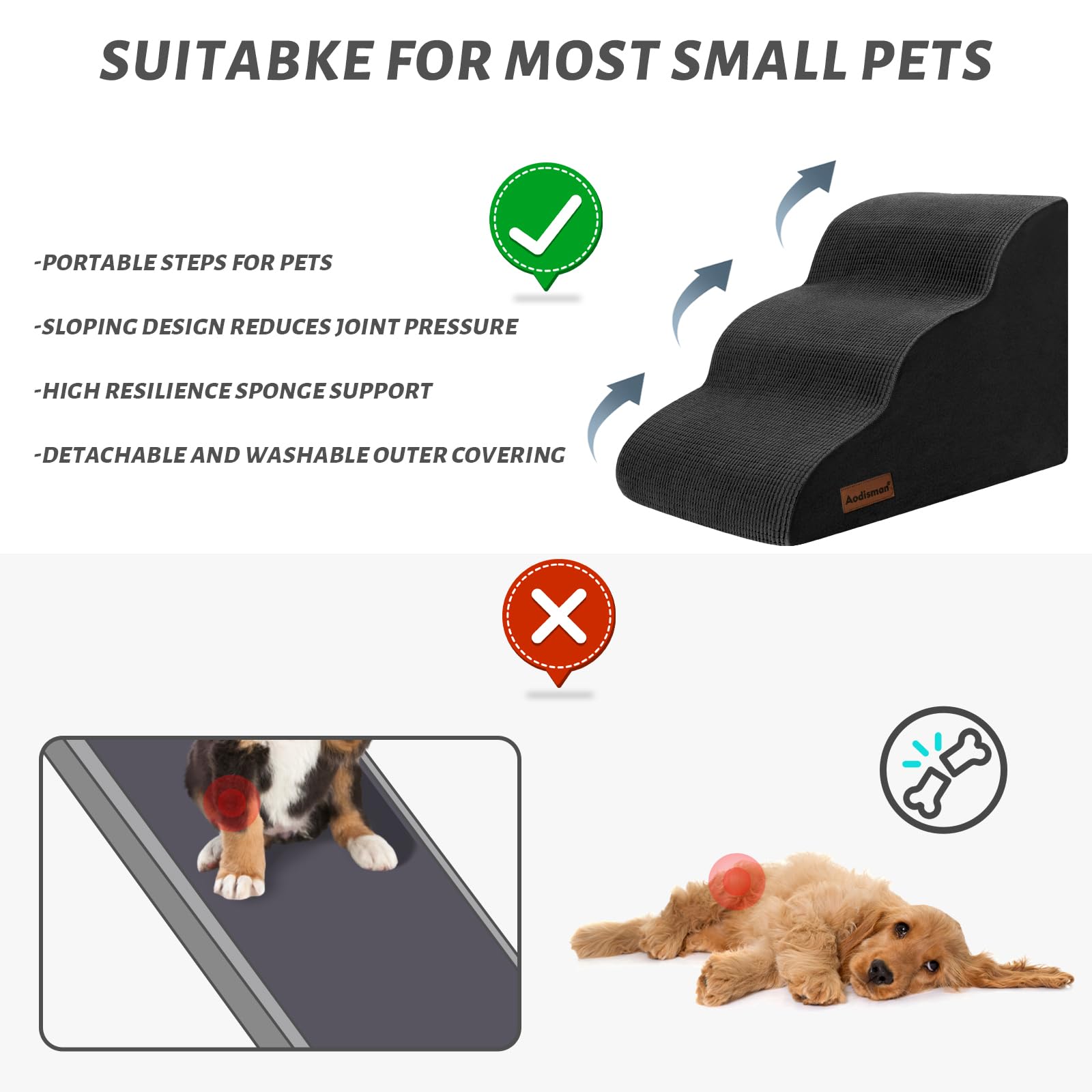 Aodisman 3-Step Dog Ramp and Stairs for Sofa and Chair - Non-Slip Sturdy Pet Steps for Small Dogs and Cats,15.7 H,Black