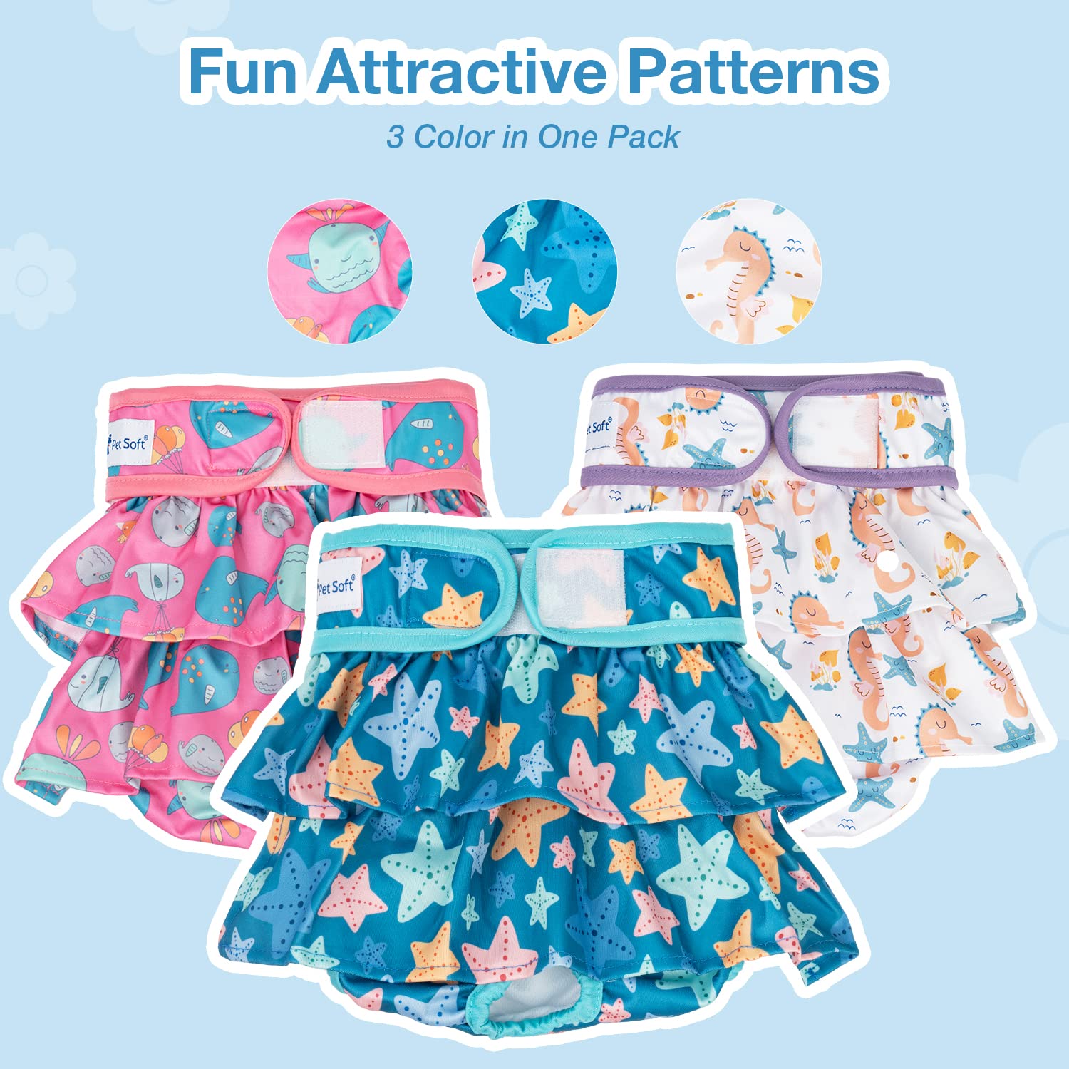 Pet Soft Washable Female Diapers (3 Pack) - Female Dog Diapers, Dress Style Comfort Reusable Doggy Diapers For Girl Dog In Period Heat (Ocean, Xs)