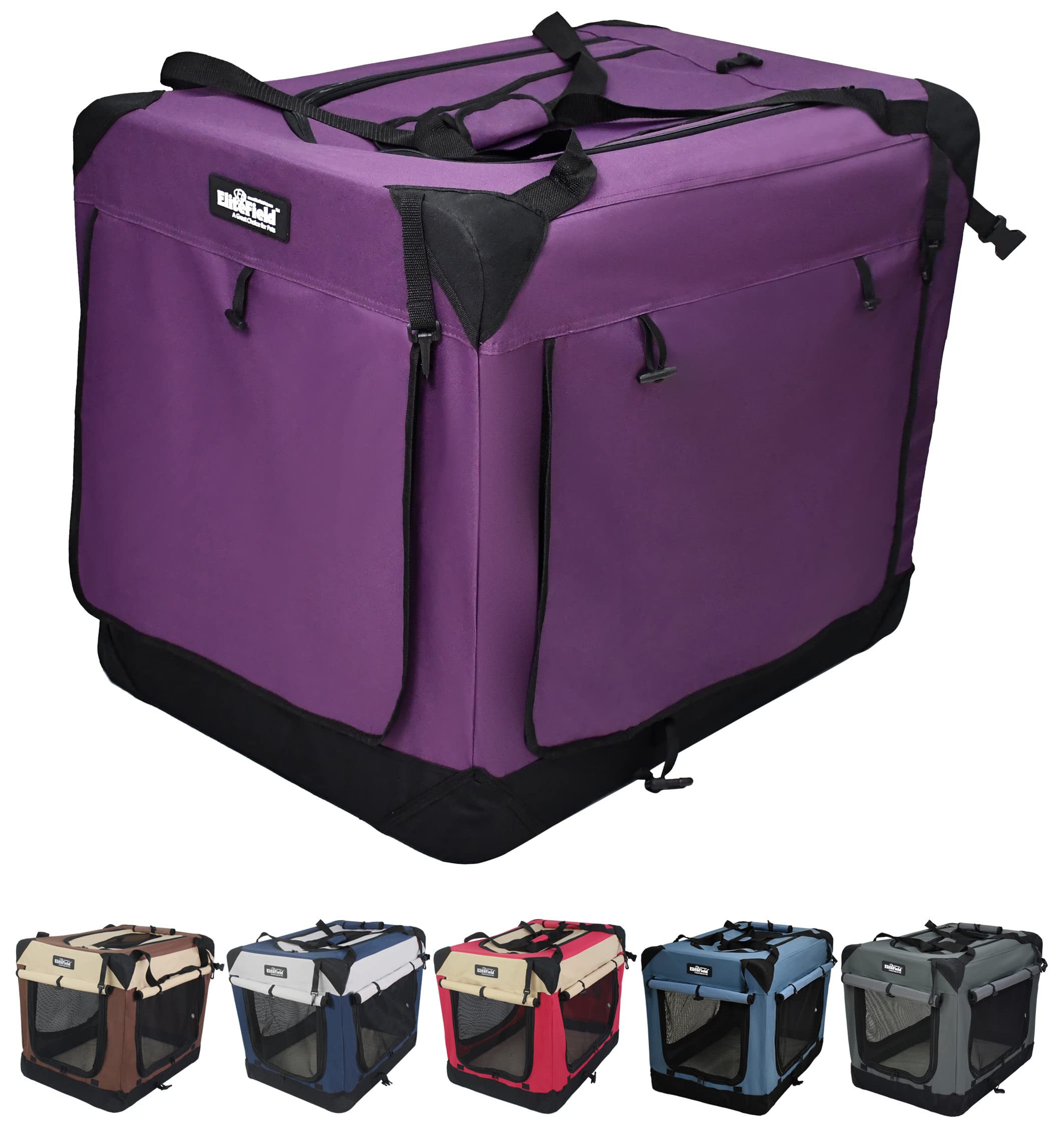 Elitefield 4-Door Folding Soft Dog Crate With Curtains, Carrying Bag And Fleece Bed (2 Year Warranty), Indoor & Outdoor Pet Home (30' L X 21' W X 24' H, Purple+4 Door Curtains)