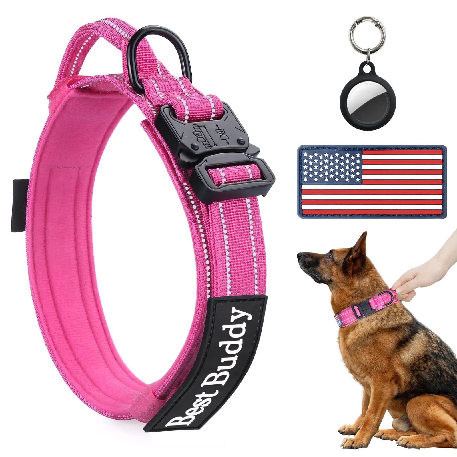 Aubell Reflective Dog Collar, Tactical Dog Collar Adjustable Military Nylon Collars With Handle And Heavy Duty Metal Buckle For Medium Large Dogs, With 2 Patches And Airtag Case Holder (Hotpink, Xl)