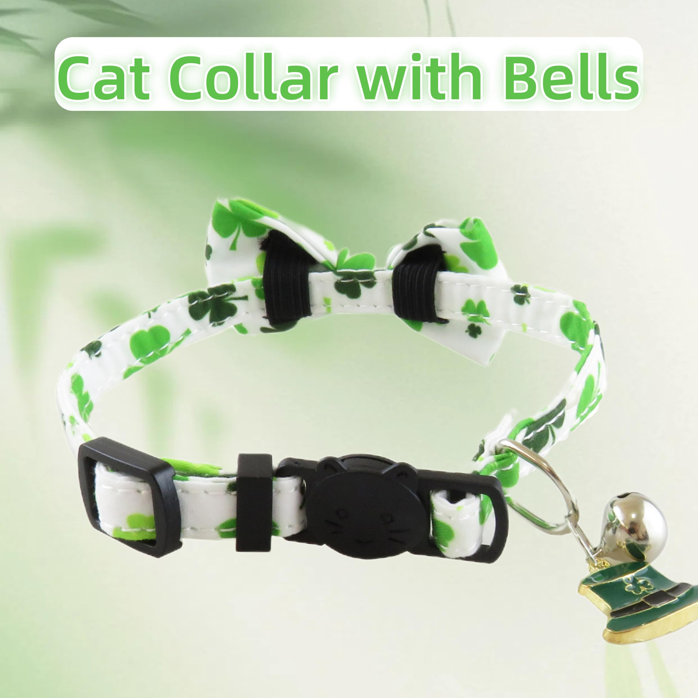 2 Pack St. Patrick'S Day Cat Collar With Bow Tie, Irish Shamrock Clover Cat Collar Breakaway Green With Bells For Boys And Girls