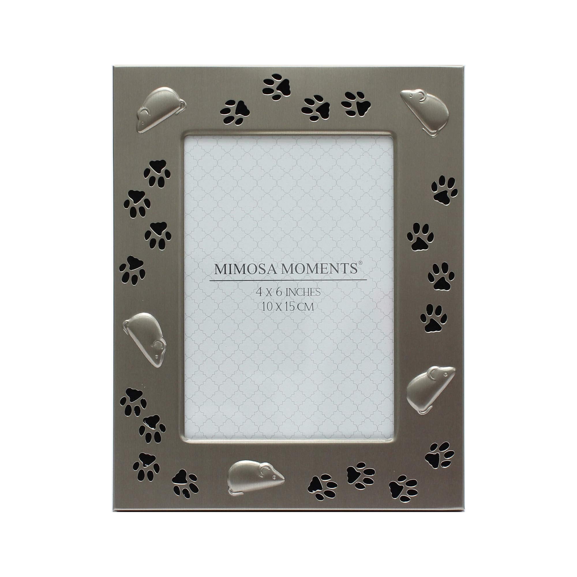 Mimosa Moments Metal Pet 4X6 Pewter Picture Frame For Cat With Mouse & Paw Print
