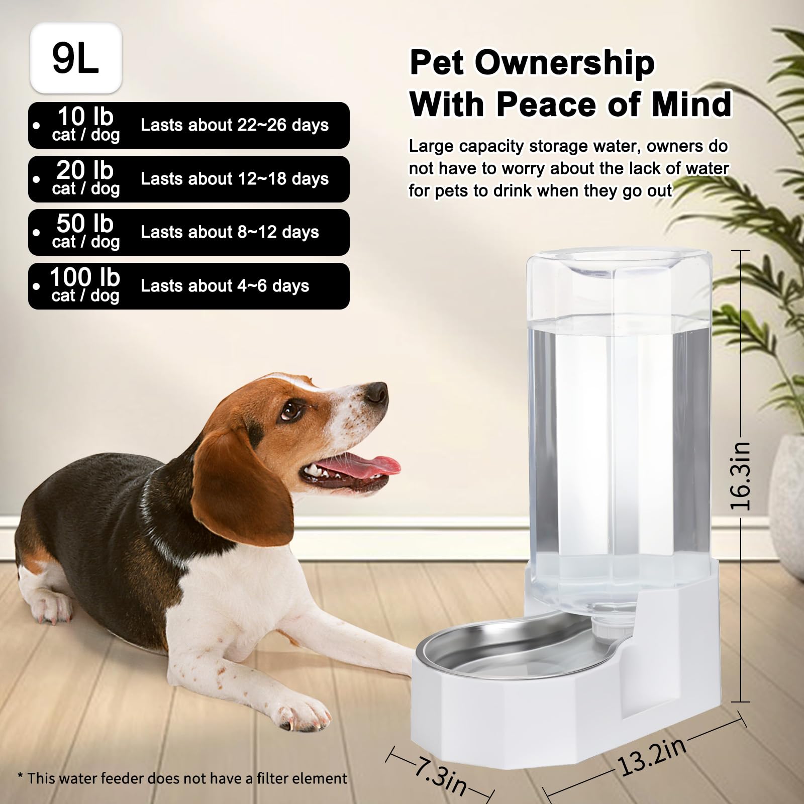 Rizzari Automatic 9L Gravity Stainless Steel Pet Waterer, Fortunate Angular Water Feeder With Edges, Safe And Large Capacity, Su