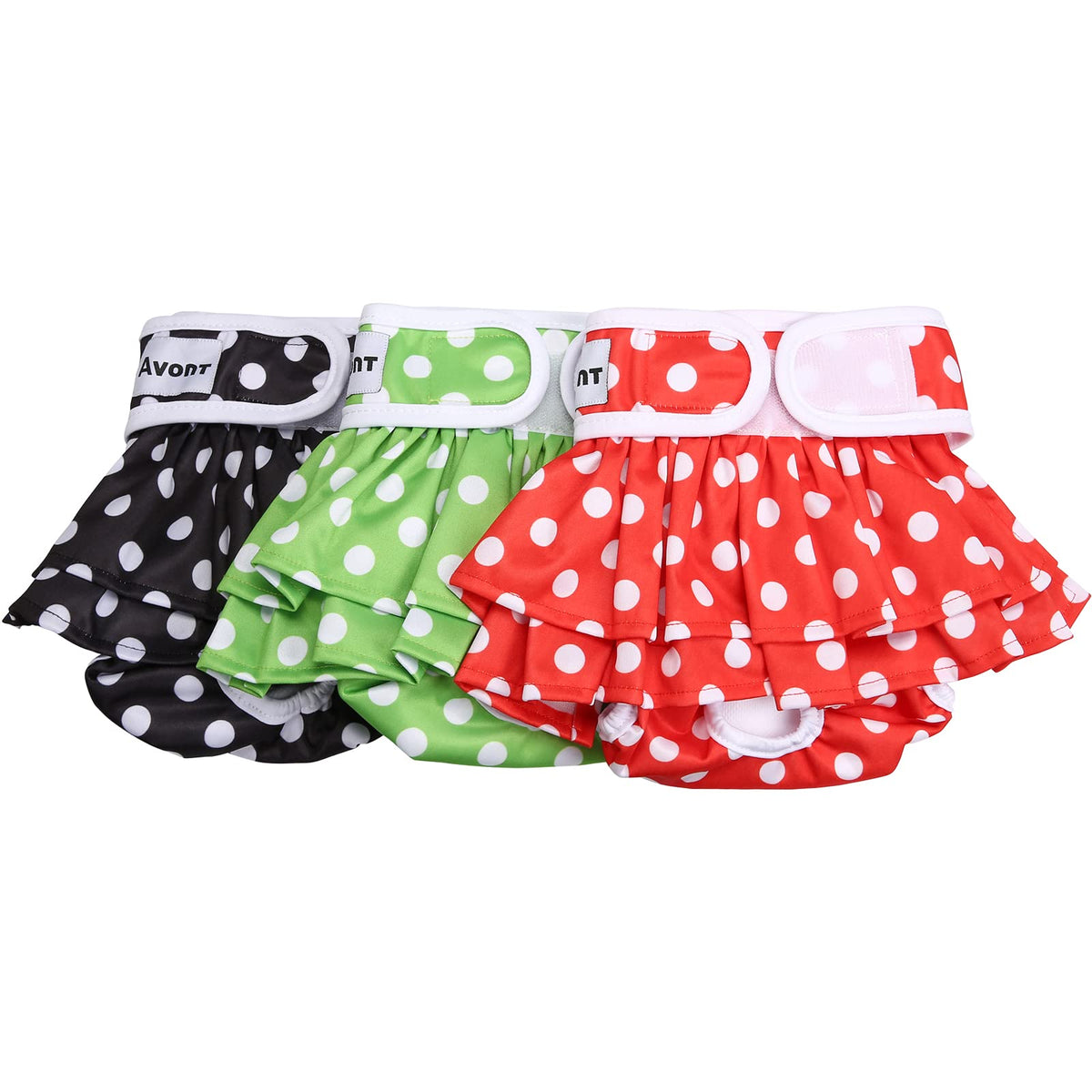 Avont 3 Pack Washable Dog Diapers Female (L/18-24), Reusable Dog Period Diapers Cover, Female Dog Diapers For Heat Cycle, Incontinence, Girl Dog Diapers Dress -Black/Green/Red Dot