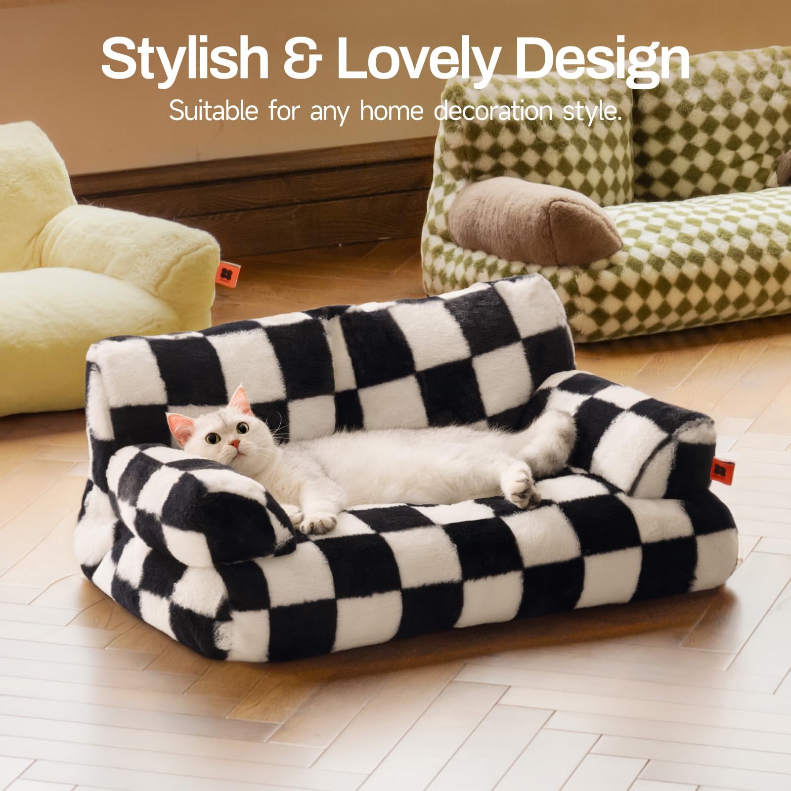 Mewoofun Cat Bed For Indoor Cats, Washable Dog Beds For Small Medium Dogs & Cats, Fluffy Cat Couch With Non-Slip Bottom (Black&W