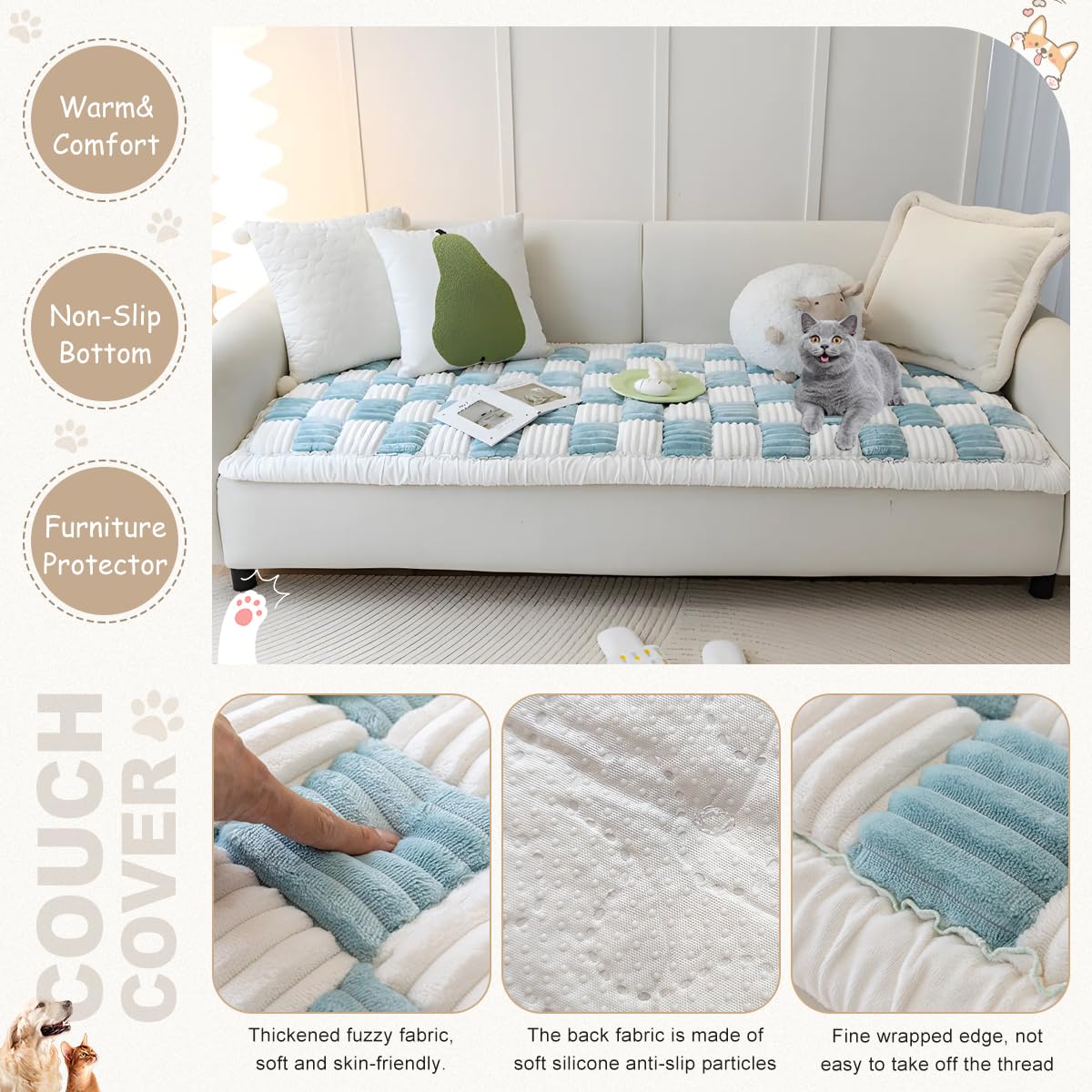 Thinmay Fuzzy Warm Dog Bed, Pet Friendly Couch Protector, Anti-Slip Washable Sofa Cover For Dogs, Pet Hair Resistant Mat (Plush