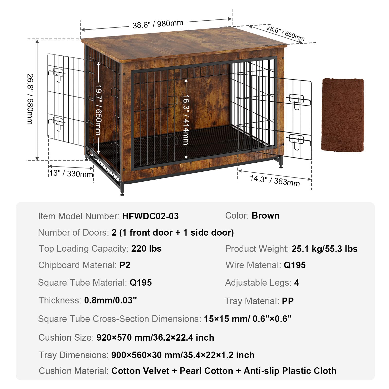 VEVOR Dog Crate Furniture, 38 inch Wooden Dog Crate with Double Doors, Heavy-Duty Dog Cage End Table with Multi-Purpose Removabl