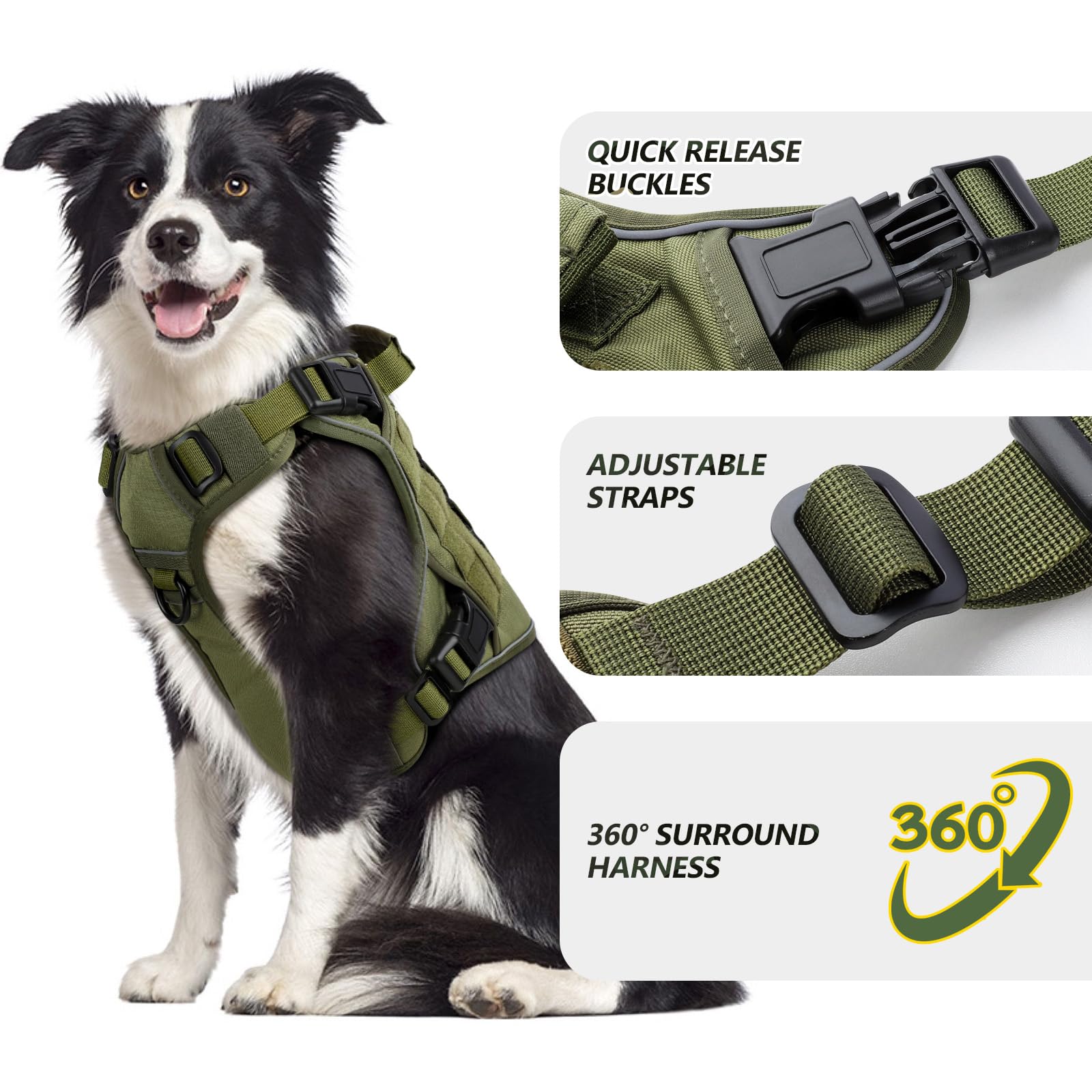 Wingoin Green Harness With Handle Tactical Dog Harness Vest For Large Medium Dogs No Pull Adjustable Reflective K9 Military Dog Vest Harnesses For Walking, Hiking, Training(M)