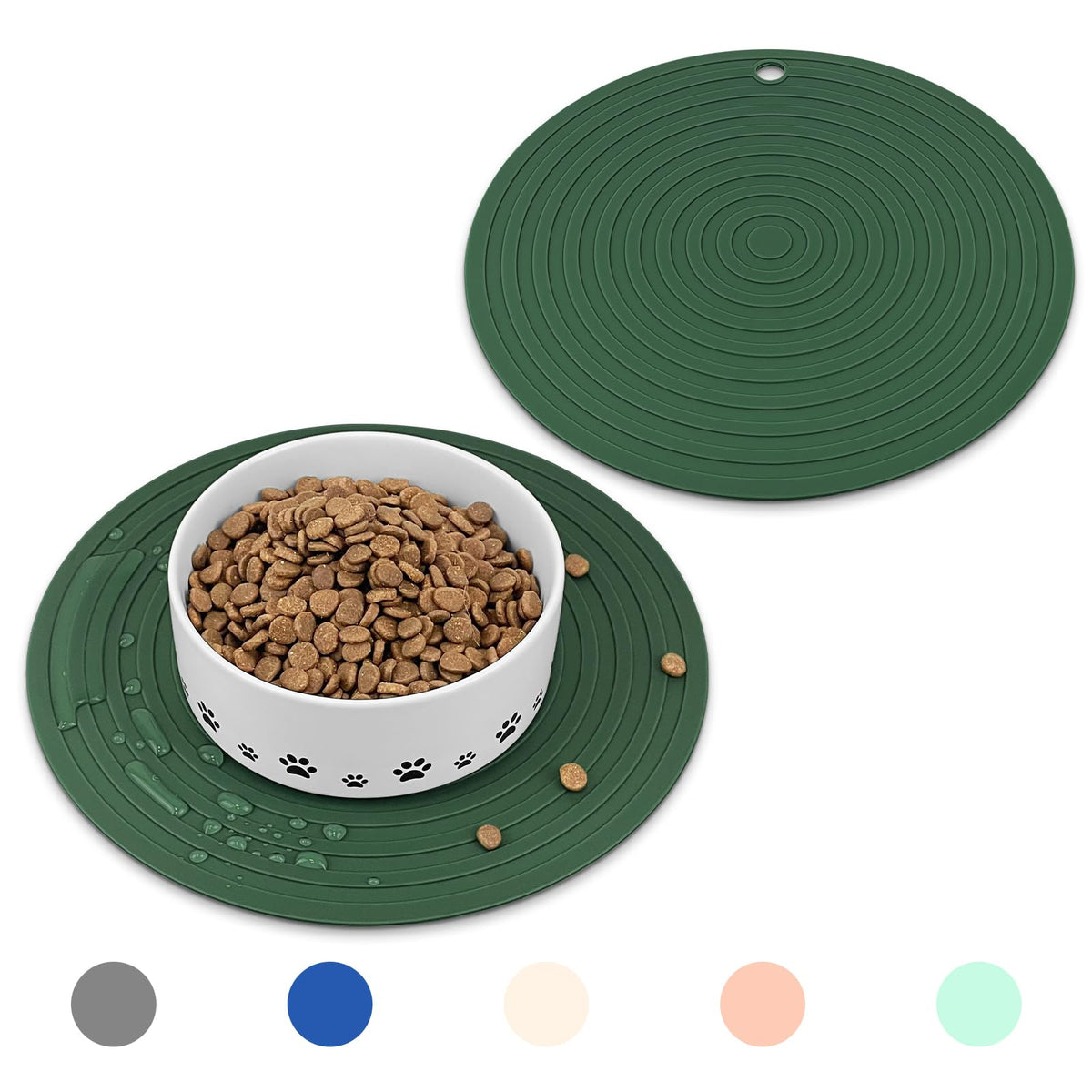 Ptlom 2Pcs Pet Placemat For Dogs And Cats, Waterproof Silicone Dog Feeding Bowl Mats For Food And Water, Small Medium Large Pet Mat Prevent Residues From Spilling To Floor, Hunter Green, 9.5Inch