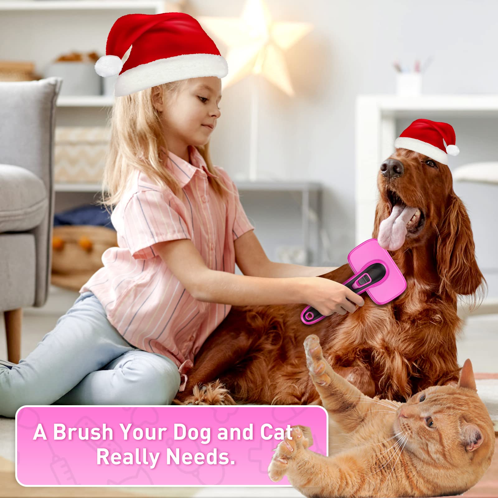 Dogs Self Cleaning Slicker Brush For Shedding & Grooming Long Short Haired, Cats Retractable Brushes For Large Medium Small. Gently Removes Loose Undercoat, Mats Tangled Hair From Pet'S Coat (Pink)