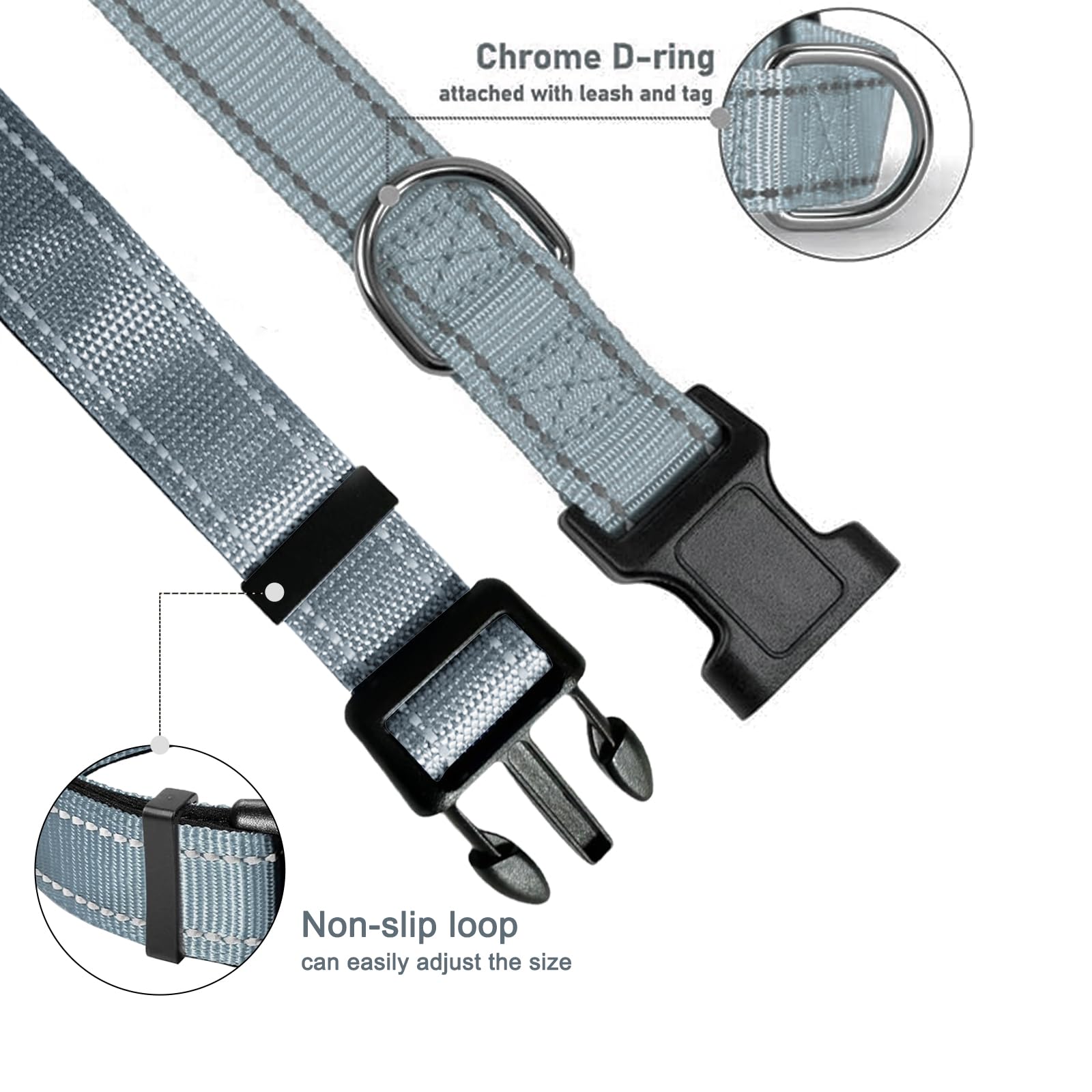 Grey Dog Collar, Reflective Pet Collar with Buckle Adjustable Safety Nylon Collars for Small Medium Large Dogs, XS