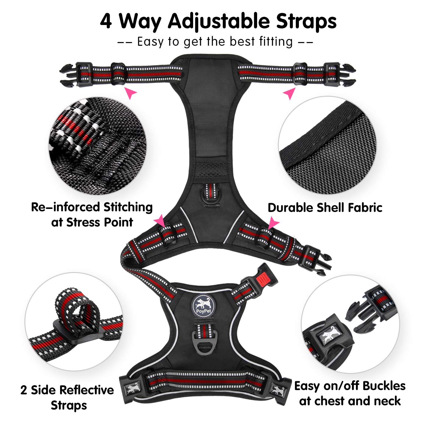 Poypet No Pull Dog Harness, [Release At Neck] Reflective Adjustable No Choke Pet Vest With Front & Back 2 Leash Attachments(Blac