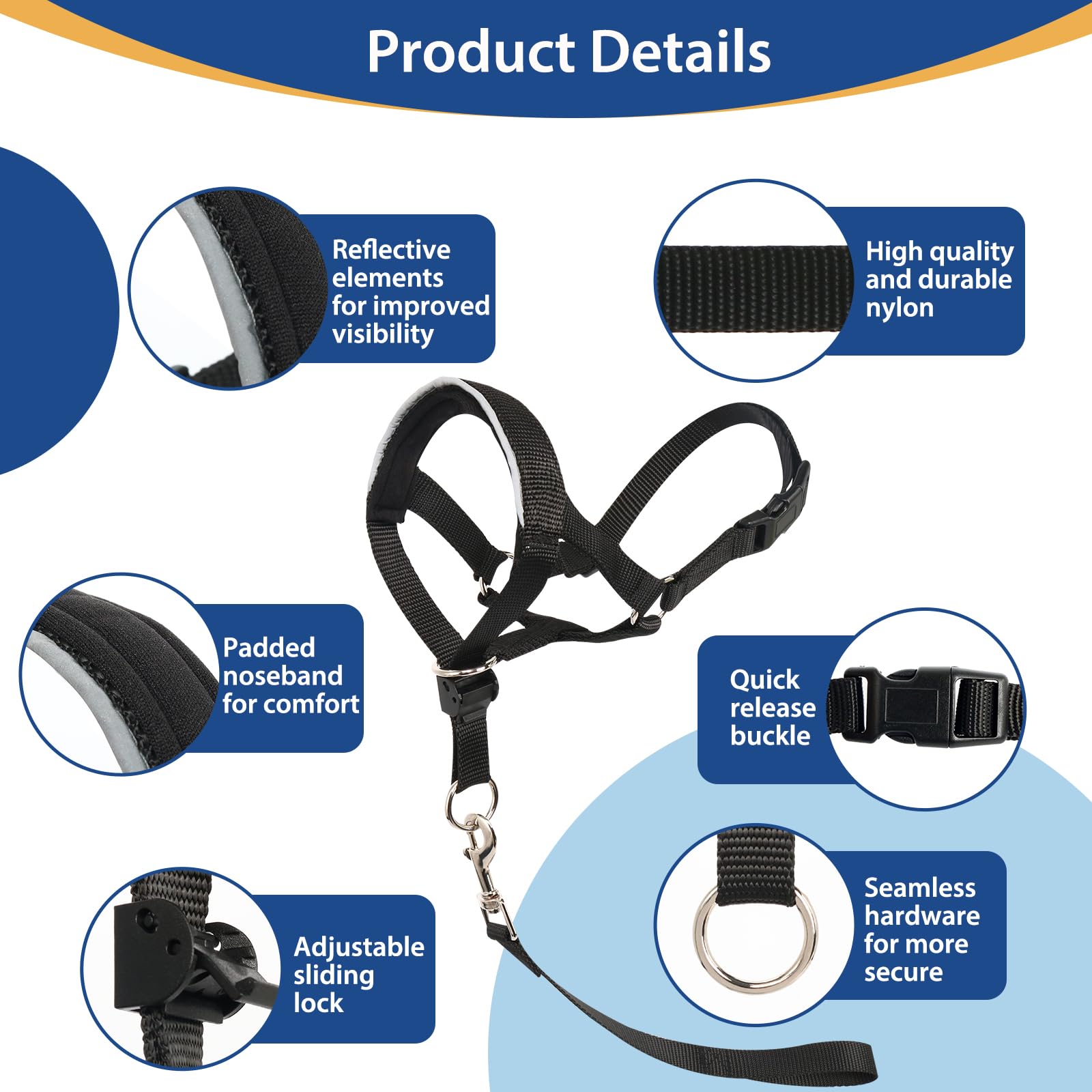 Barkless Head Collar For Dogs, No Pull Head Halter For Large Medium Small Dogs, Dog Halter Stops Heavy Pulling, Muzzle Leash Wit