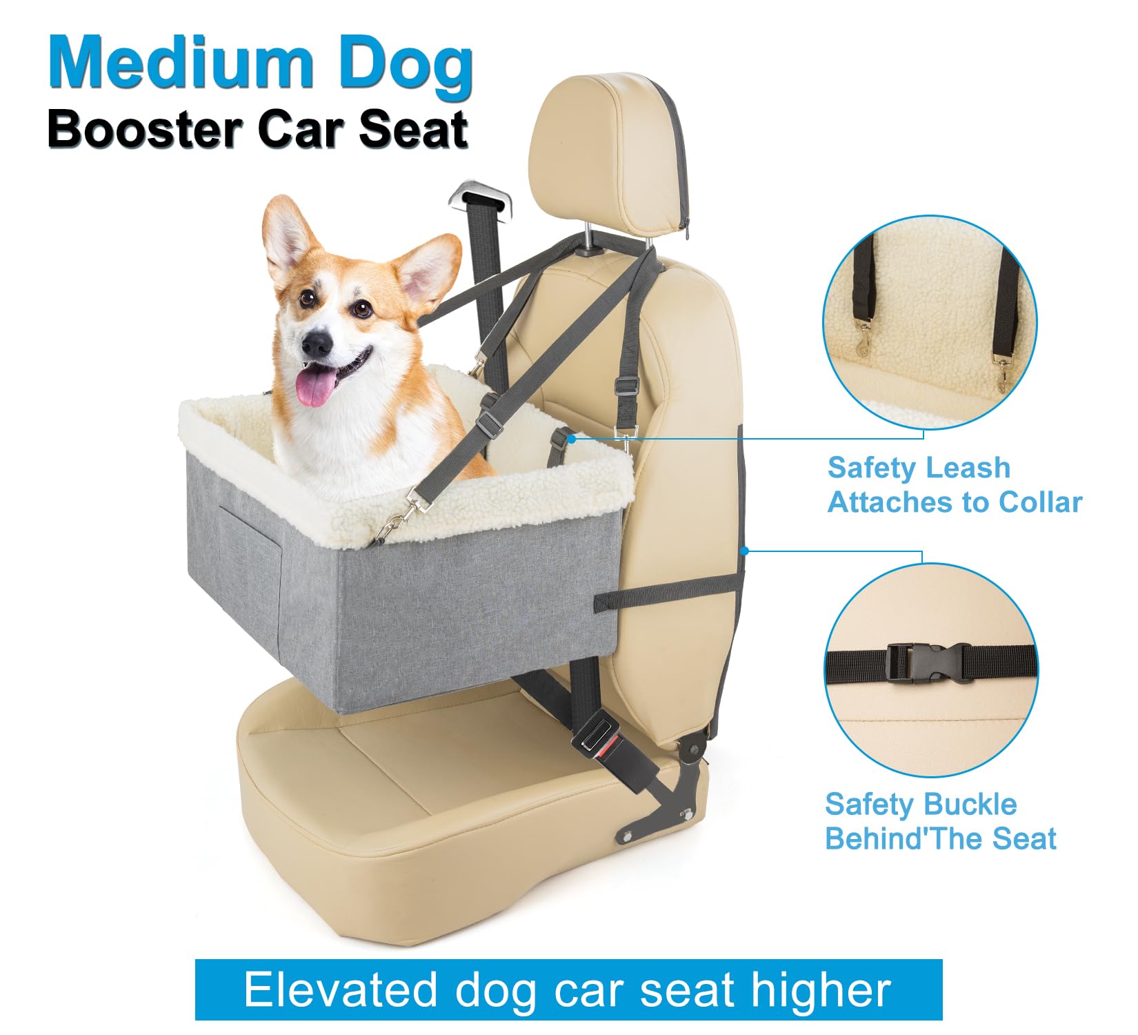 Unicitii Dog Car Seats For Small Dogs-Elevated Pet Dog Booster Seat For Dog,Raised Dog Lookout Car Seat W/Clip-On Safety Leash A