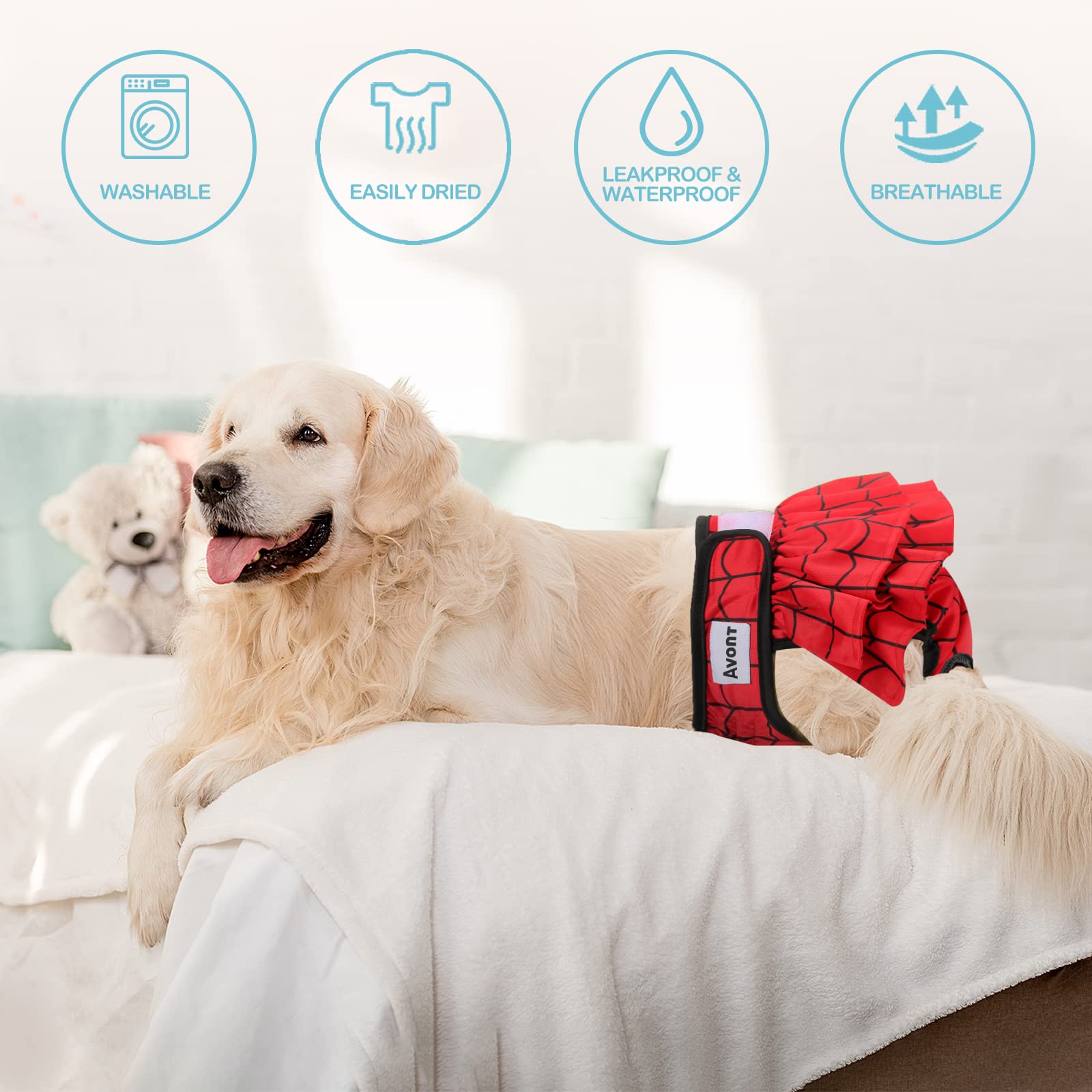 Avont Washable Dog Diapers for Female, Reusable Period Diapers, Size S, Red/Blue/White, Model AT-08363414