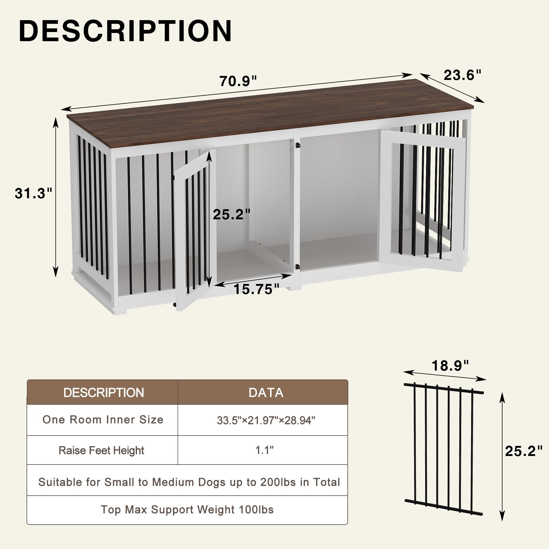 DAWNSPACES Double Dog Crates Furniture for Large Dogs, 71  Heavy Duty Wooden Large Dog Kennel with Removable Divider for 2 Dogs,