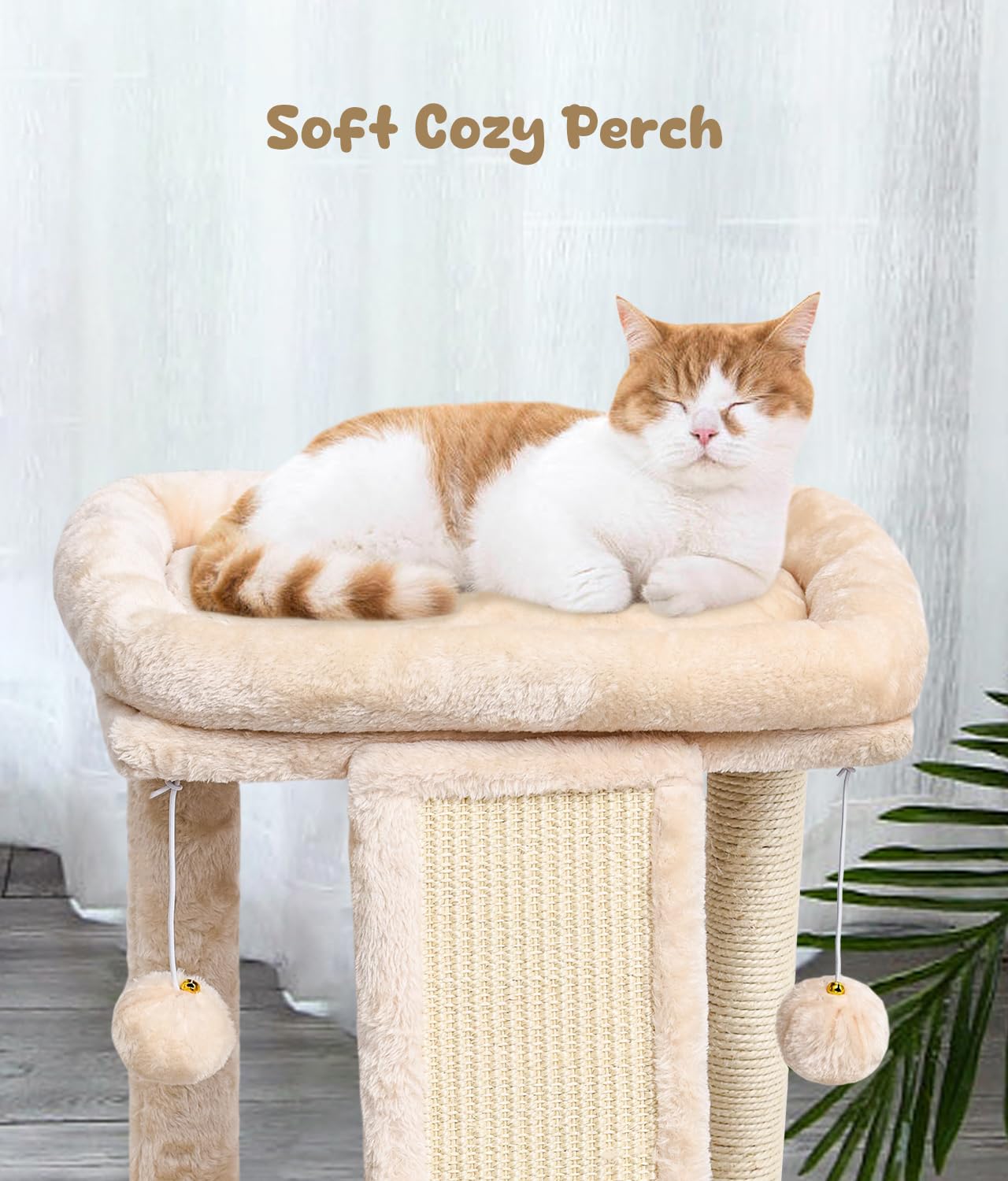 SYANDLVY Cat Tree with Scratching Post & Perch, Beige, Engineered Wood, Model PAT15M, 2 Dangling Balls for Indoor Cats