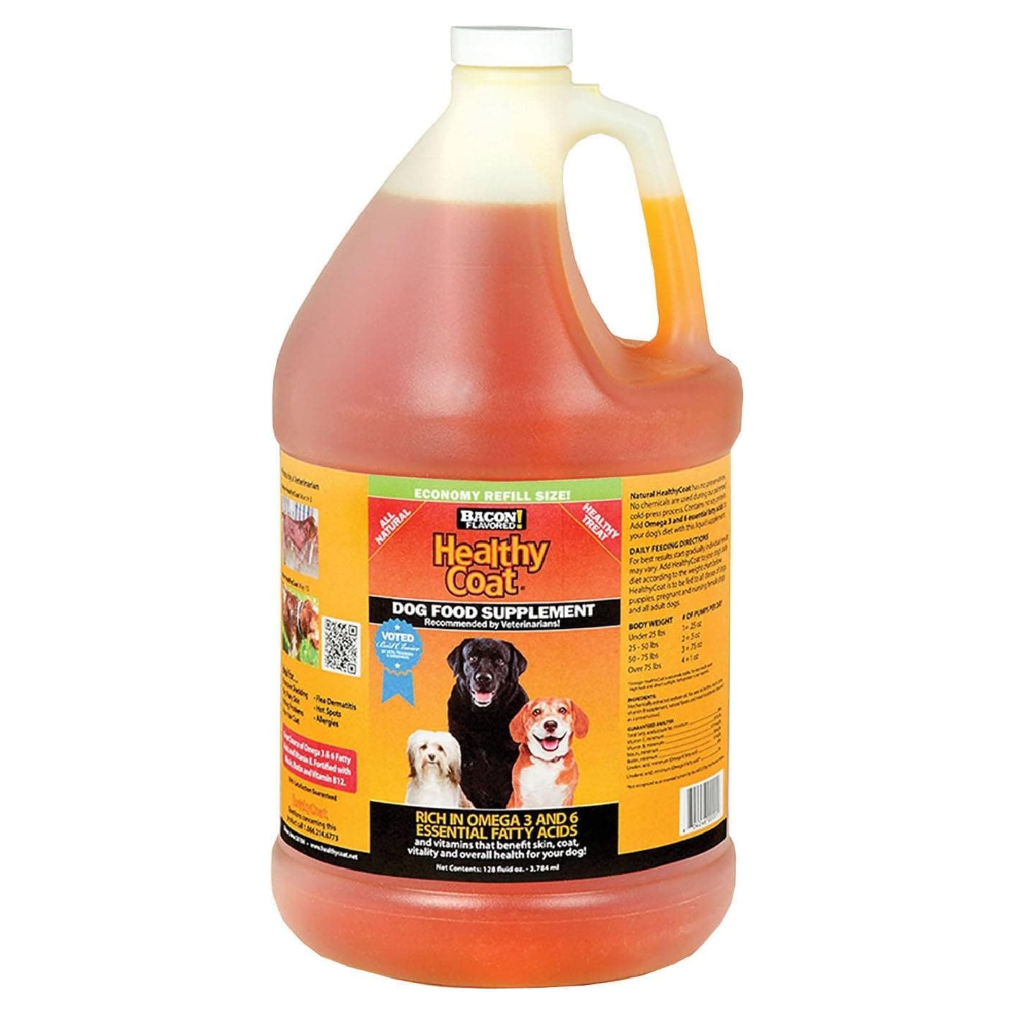 HealthyCoat Dog Food Supplement Gallon - Omega 3 & 6 Fatty Acids, Bacon Flavor - Reduces Shedding, Itching, Hot Spots & Allergie