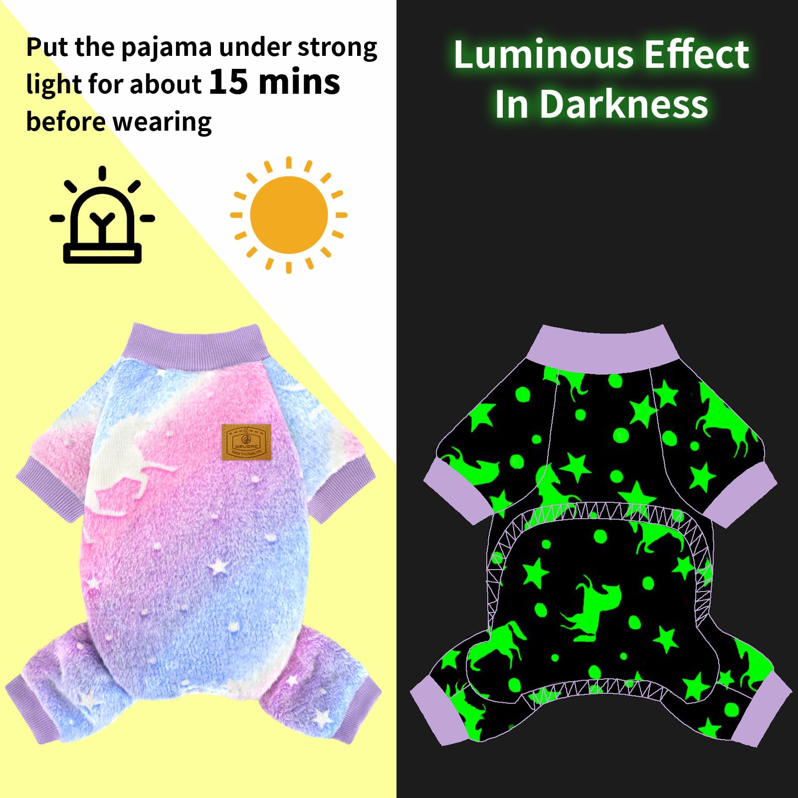 XPUDAC Dog Sweater Glows in The Dark Fleece Pajamas for Small Medium Dogs Girl Boy Puppy Clothes for Halloween Cristmas Winter(S