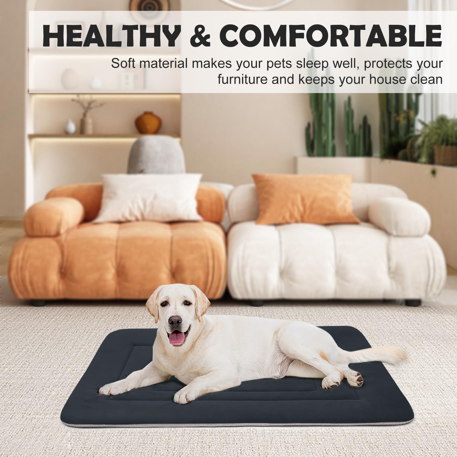 JoicyCo Dog Bed - Soft Washable Crate Pad for Large Dogs, 42" x 28", Dark Gray, Non-Slip Bottom, Durable Polyester