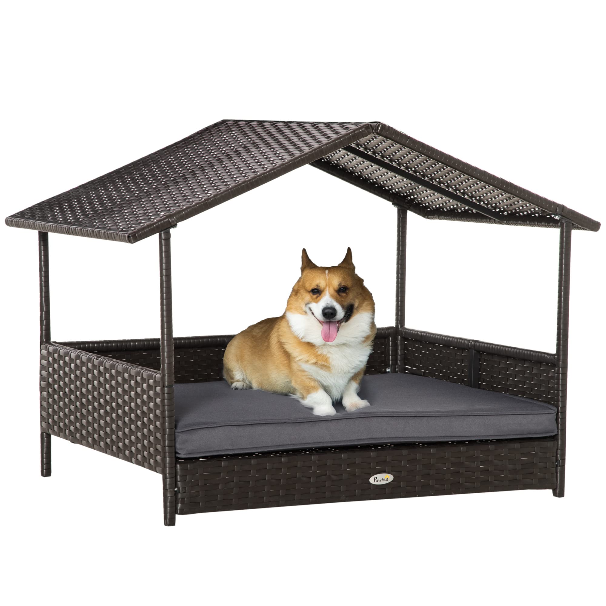 PawHut Wicker Dog House Elevated Raised Rattan Bed for Indoor/Outdoor with Removable Cushion Lounge, Grey
