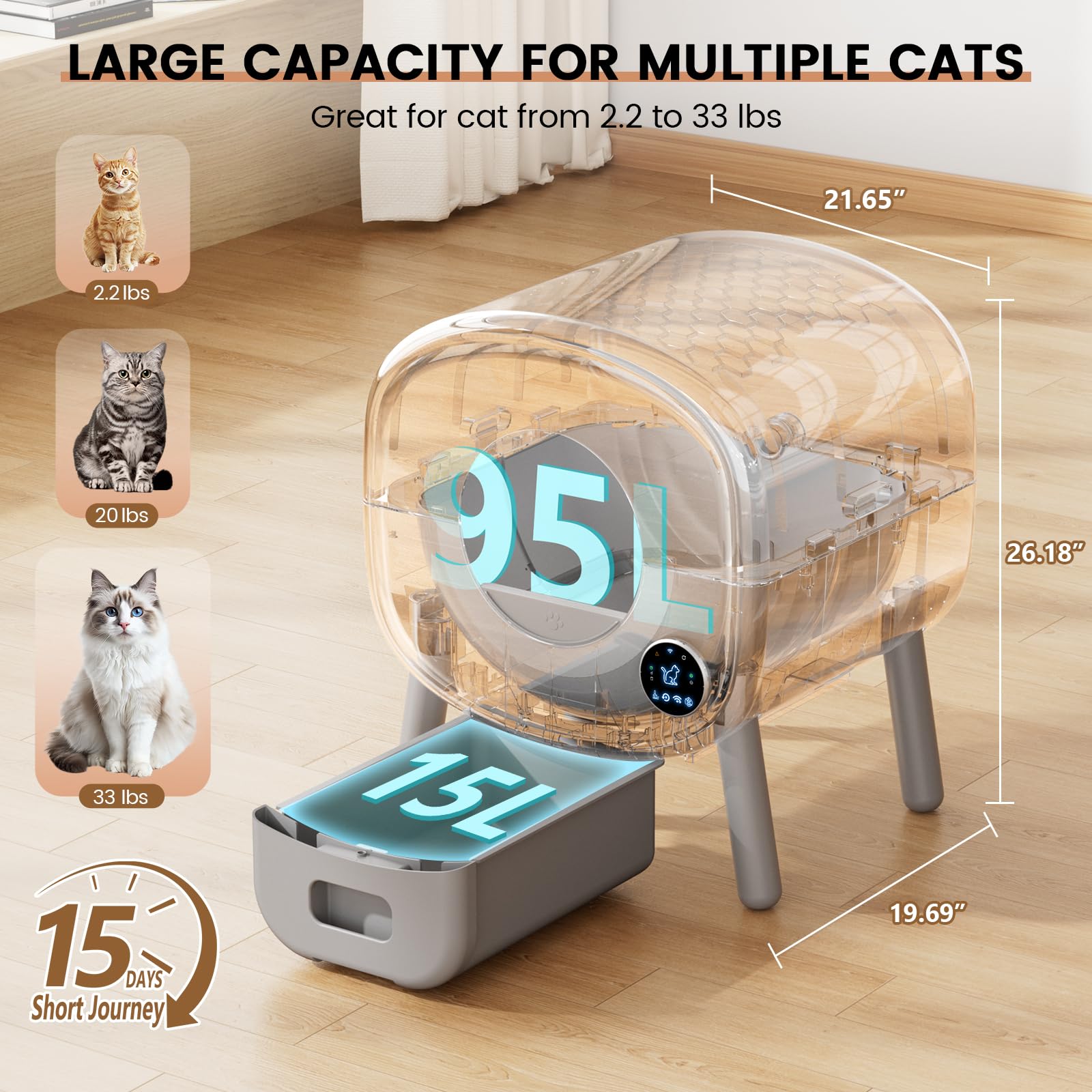 Tayacicy Automatic Cat Litter Box,Self Cleaning Litter Box Large Capacity For Multiple Cats With App Control And Safety Protecti