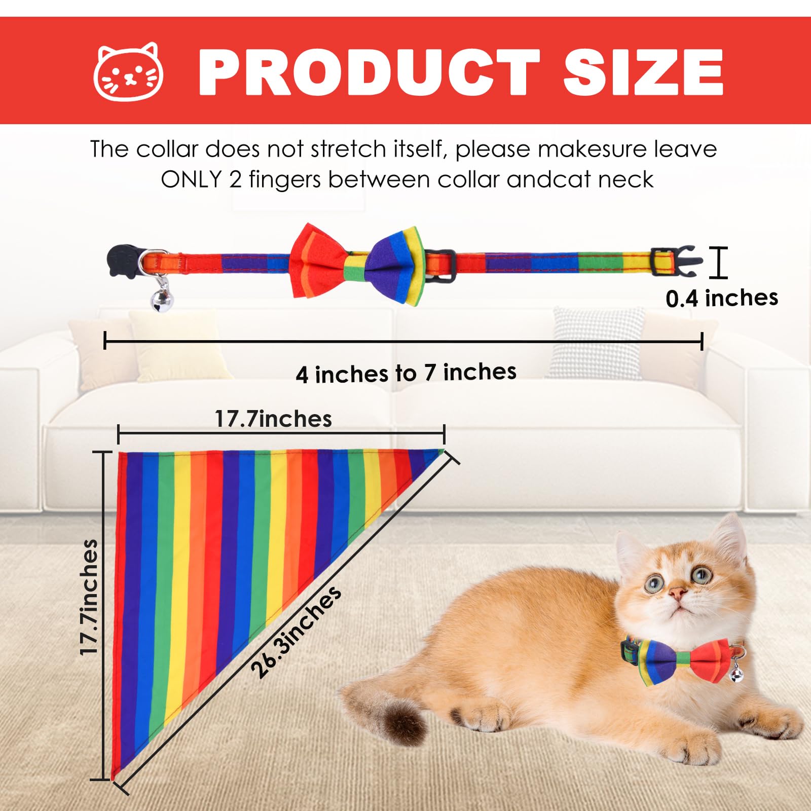Yeebeny Rainbow Cat Collar, Rainbow Cat Collars With Bell, Cat Tags Personalized, Adjustable Rainbow Collar And Scarf Decoration