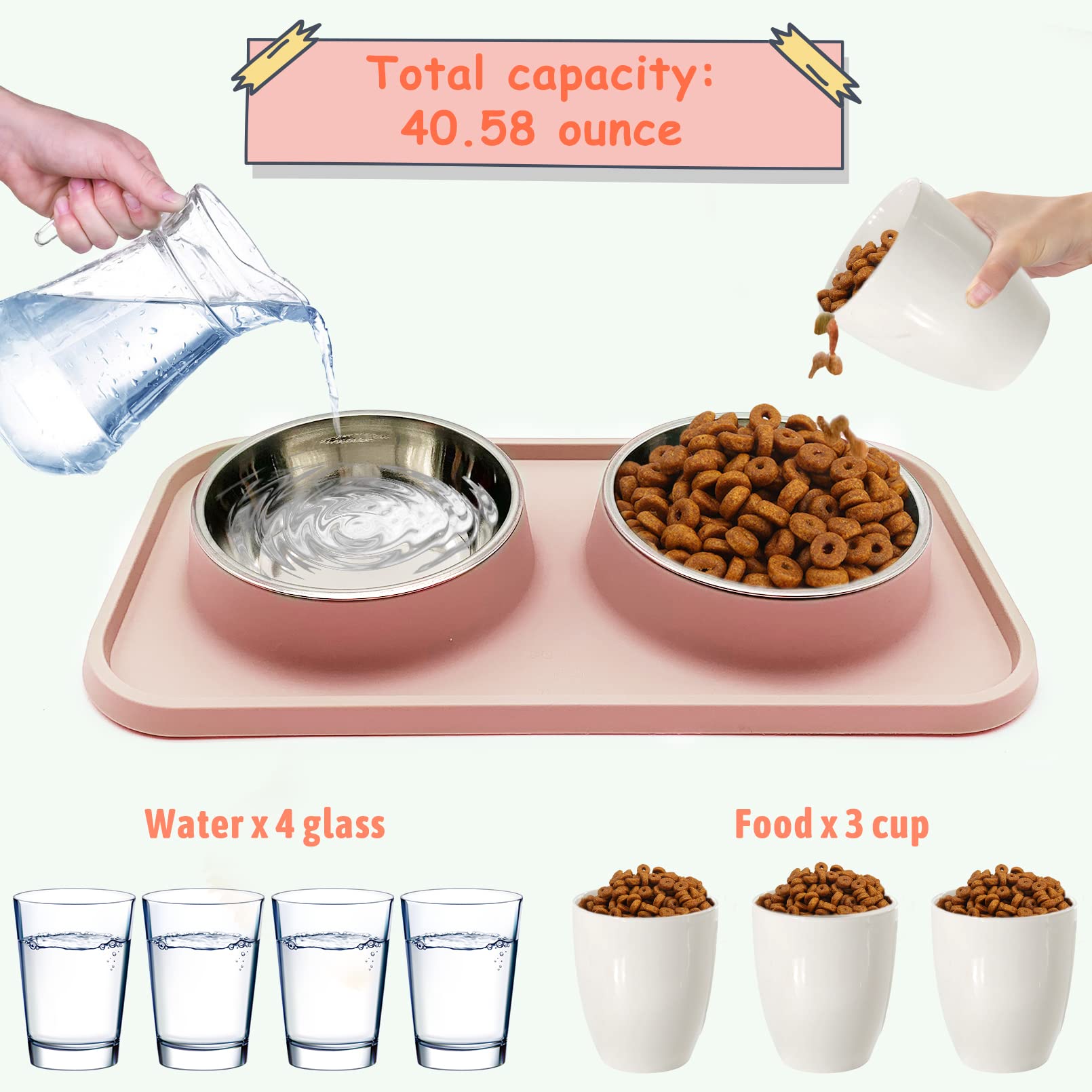 BNOSDM Double Dog Food Bowls Stainless Steel Dog Food and Water Bowls with Non-Spill Plastic Mat Pet Cat Feeder Bowl Set for Pup
