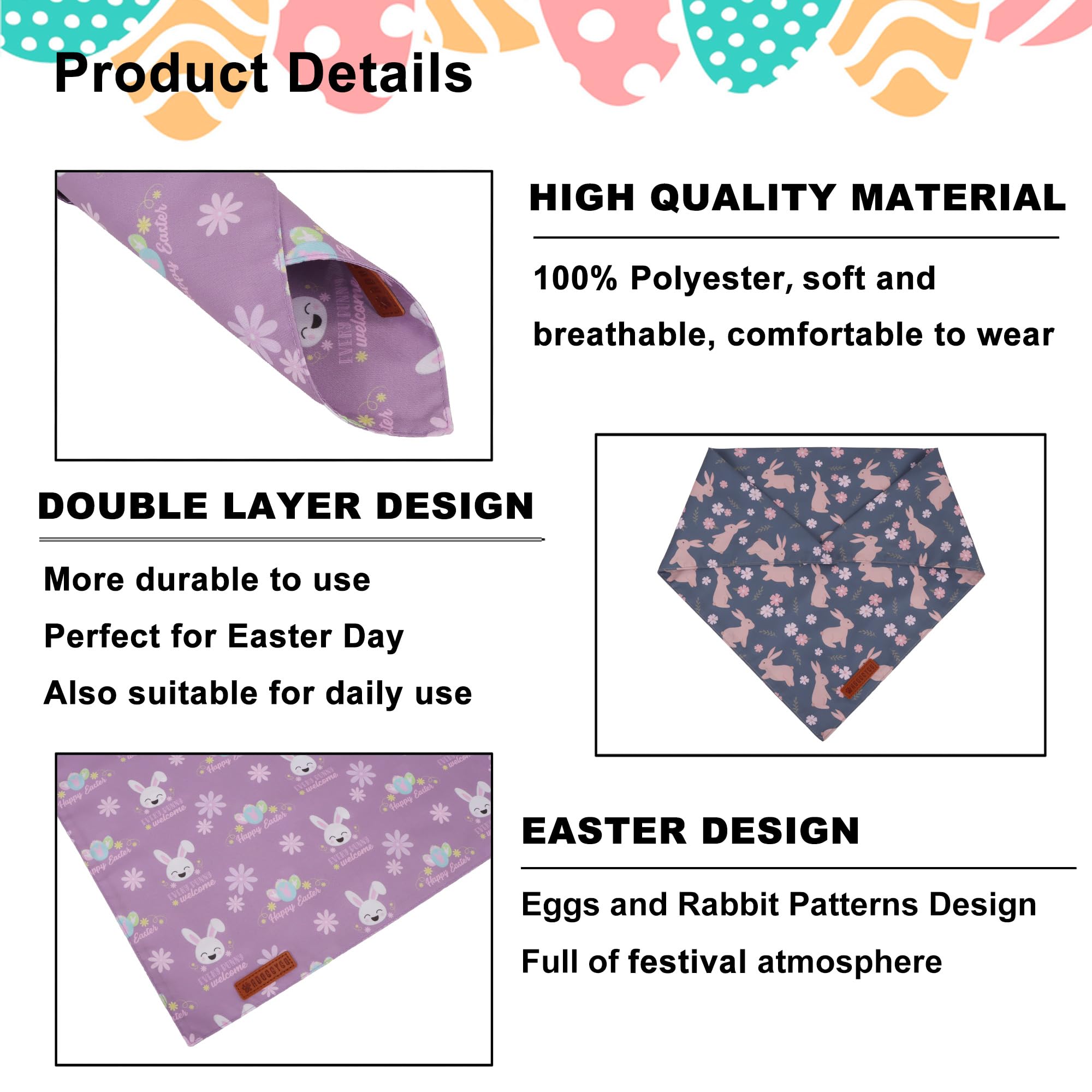 ADOGGYGO Easter Dog Bandanas, Reversible Bunny Floral Pet Scarf, Multi Size Offered, Rabbit Easter Bandana for Large and Extra L