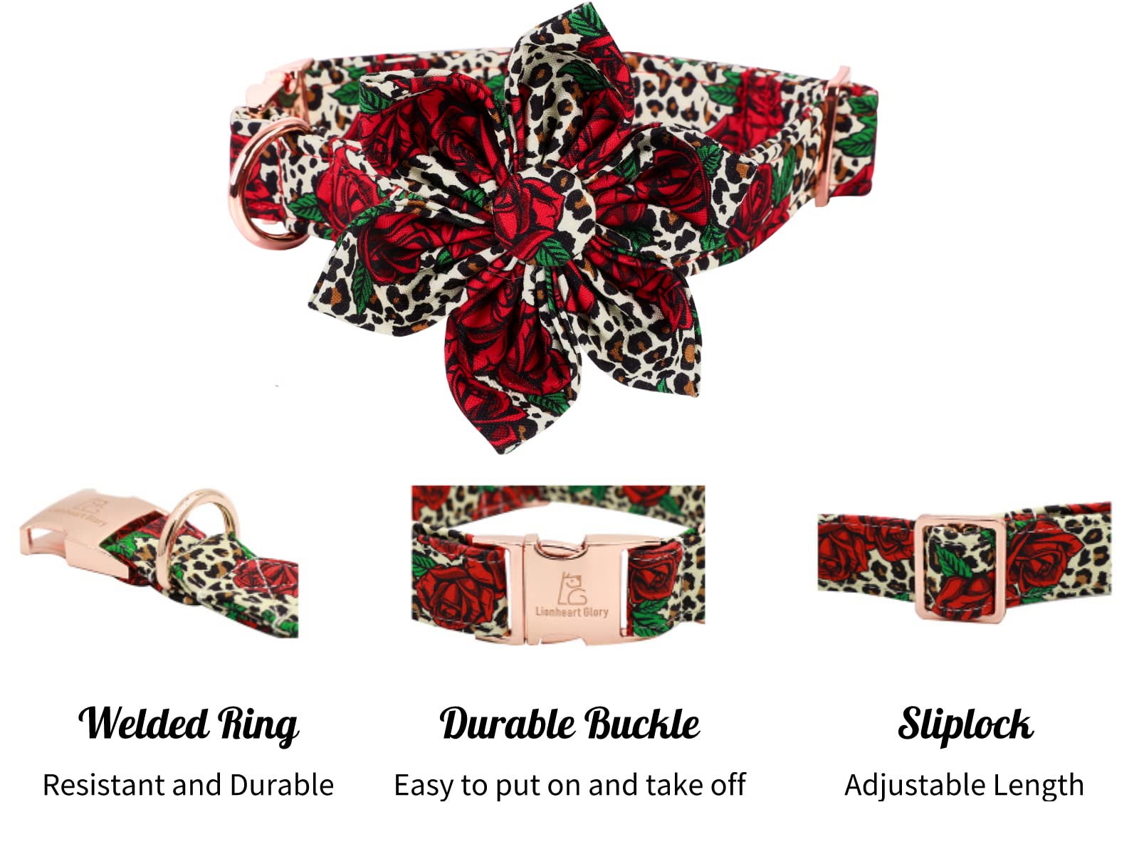 Lionheart Glory Dog Collar, Red Rose Dog Collar with Flower, Cute Floral Pattern Pet Collar Adjustable Dog Collar for X-Large Do