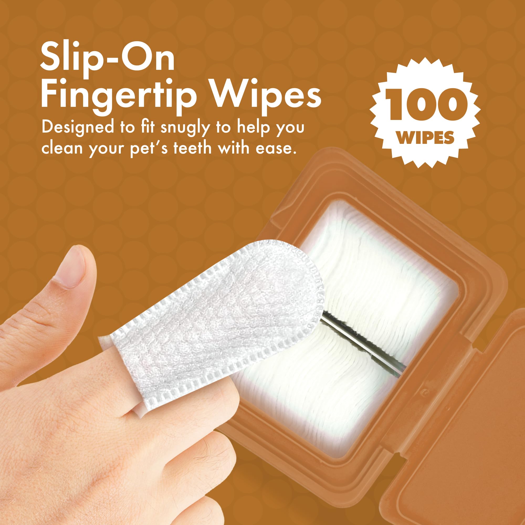 Petkin Fingertip Tooth Wipes for Dogs and Cats, 100 Finger Wipes - Slip-On, Snug Fit, Micro-Bristle Fabric - Cleans Teeth, Gums,