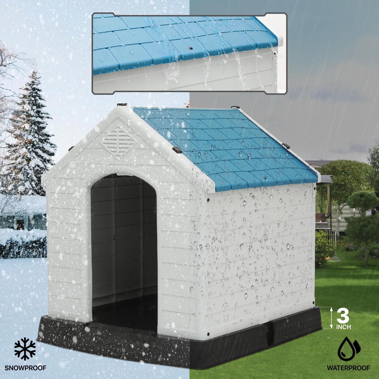 MoNiBloom 32.5 Inch Insulated Dog House for Small to Large Dogs, Waterproof Dog Shelter with Air Vents and Elevated Floor, All W