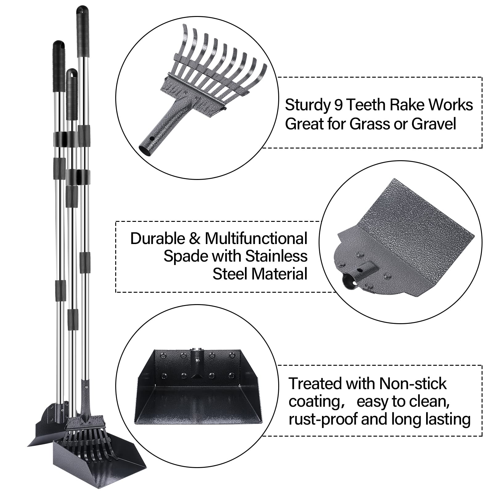 TNELTUEB Dog Pooper Scooper Set - 3 Pcs Adjustable 49.1 Long Metal Tray, Rake & Spade for Waste Removal - No Bending Cleanup, Black