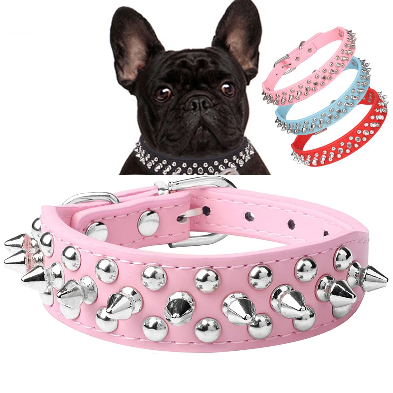 Serijoars Spiked Dog Collar Soft Pu Leather Mushrooms Rivet Spike Studded Dog Collar Adjustable Puppy Collars (L, Pink)