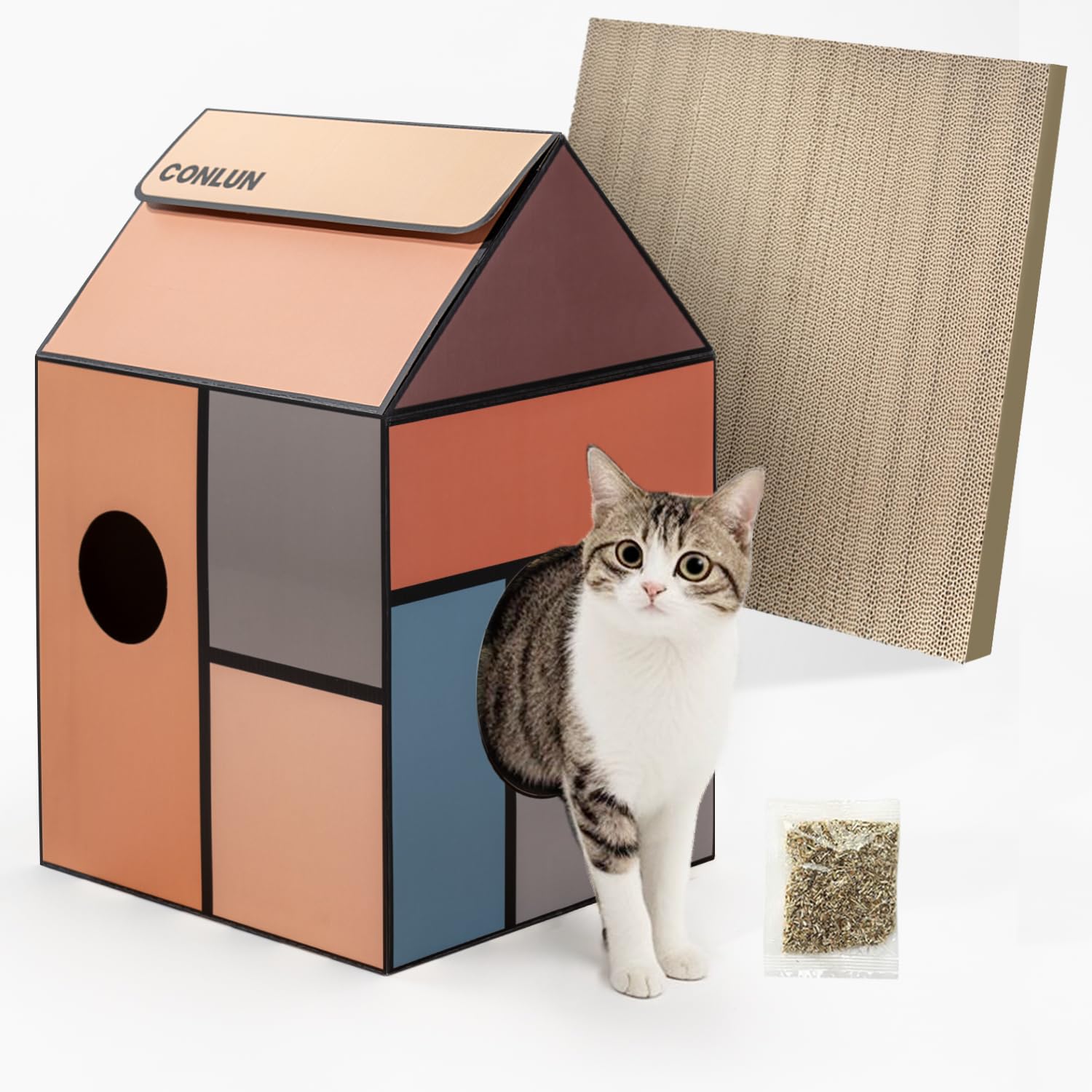 Conlun Cardboard Cat House with Scratch Pad & Catnip, Cat Play Scratching House for Indoor Hideaway Furniture, Heavy Duty Sturdy