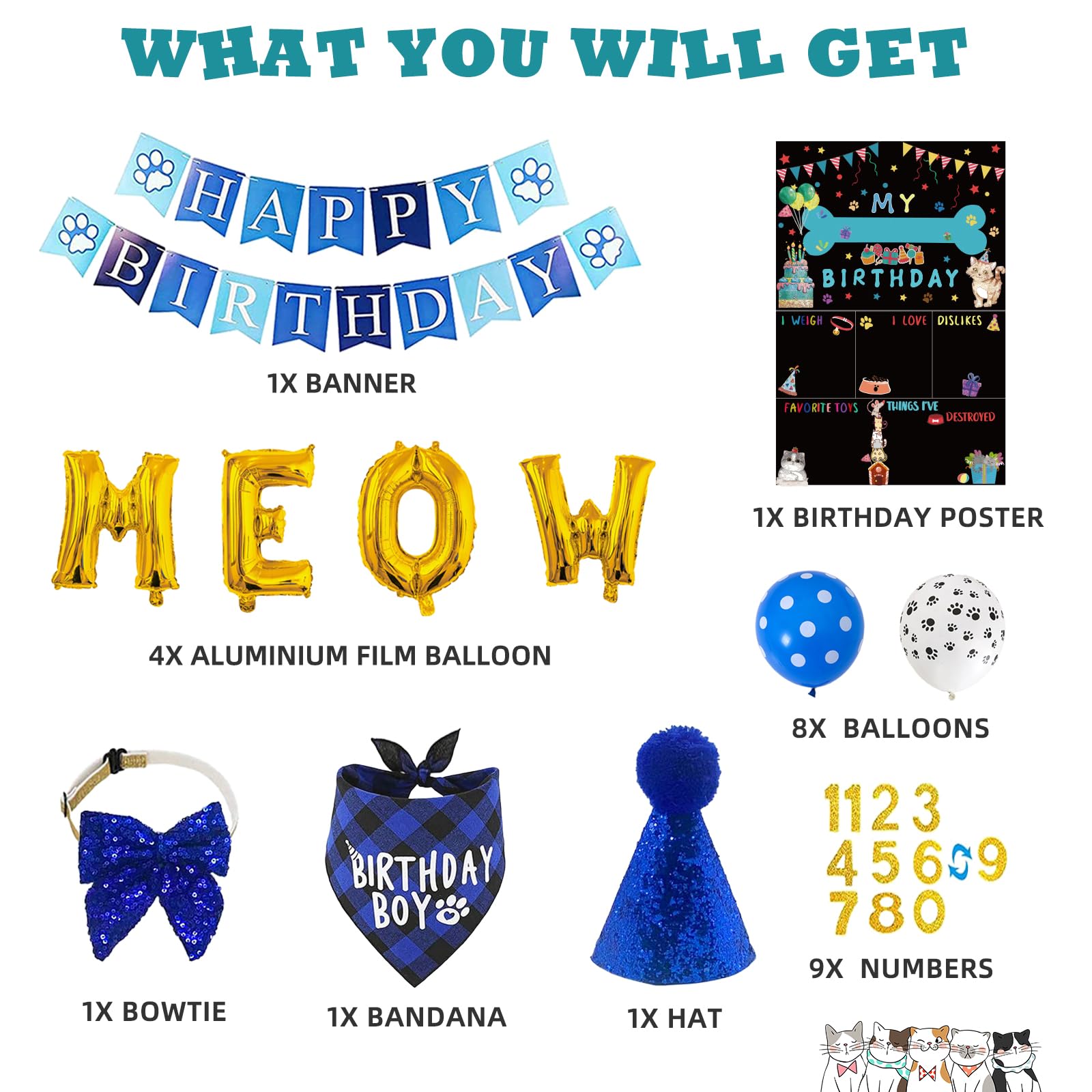duludulu Cat Kitten Birthday Party Supplies - Gold Bandanas, Hats, Banners & Balloons for Boys - Meow Foil Decorations