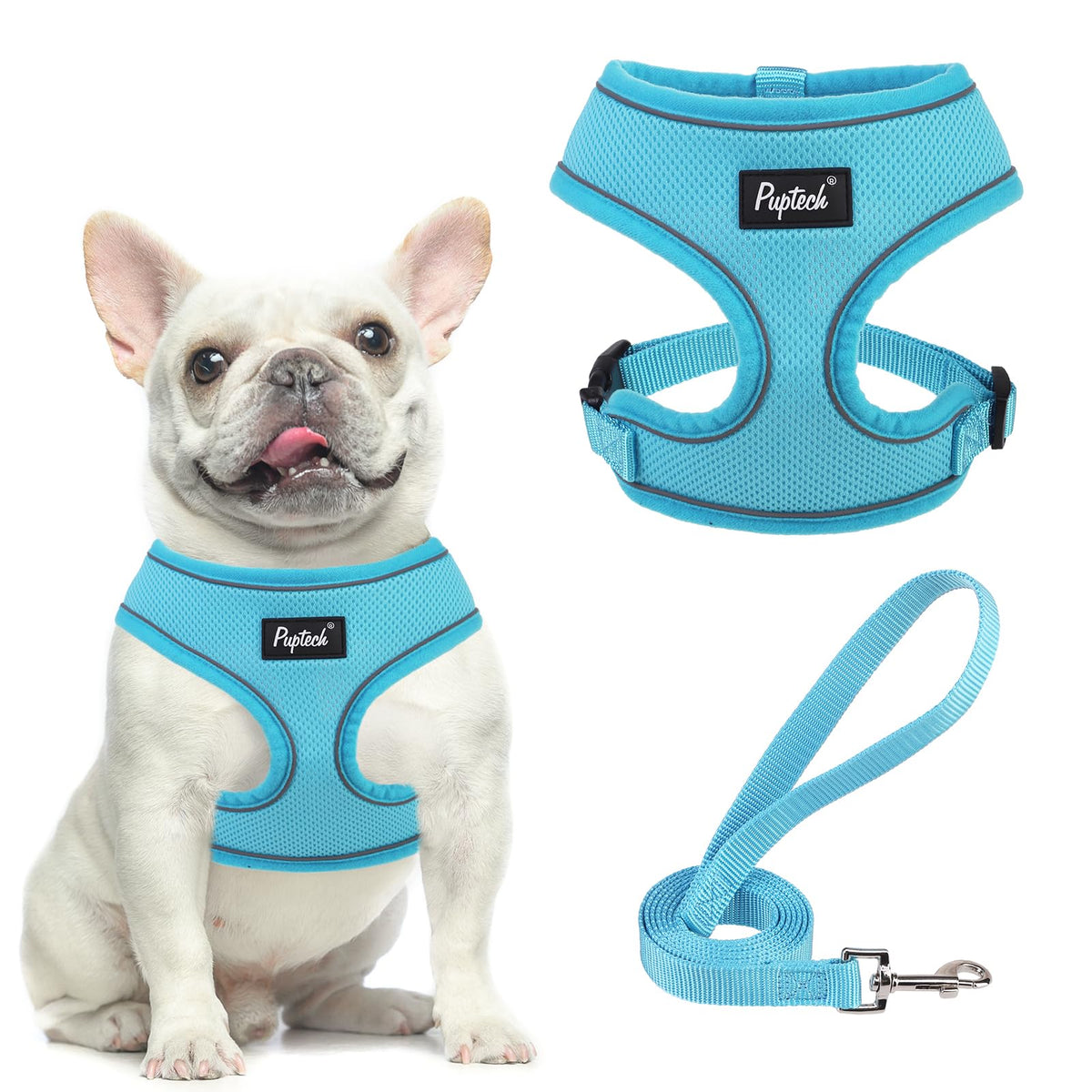 Pupteck Soft Mesh Dog Harness And Leash Set Pet Puppy Cat Comfort Padded Vest No Pull Harnesses, Solid Lightblue, M