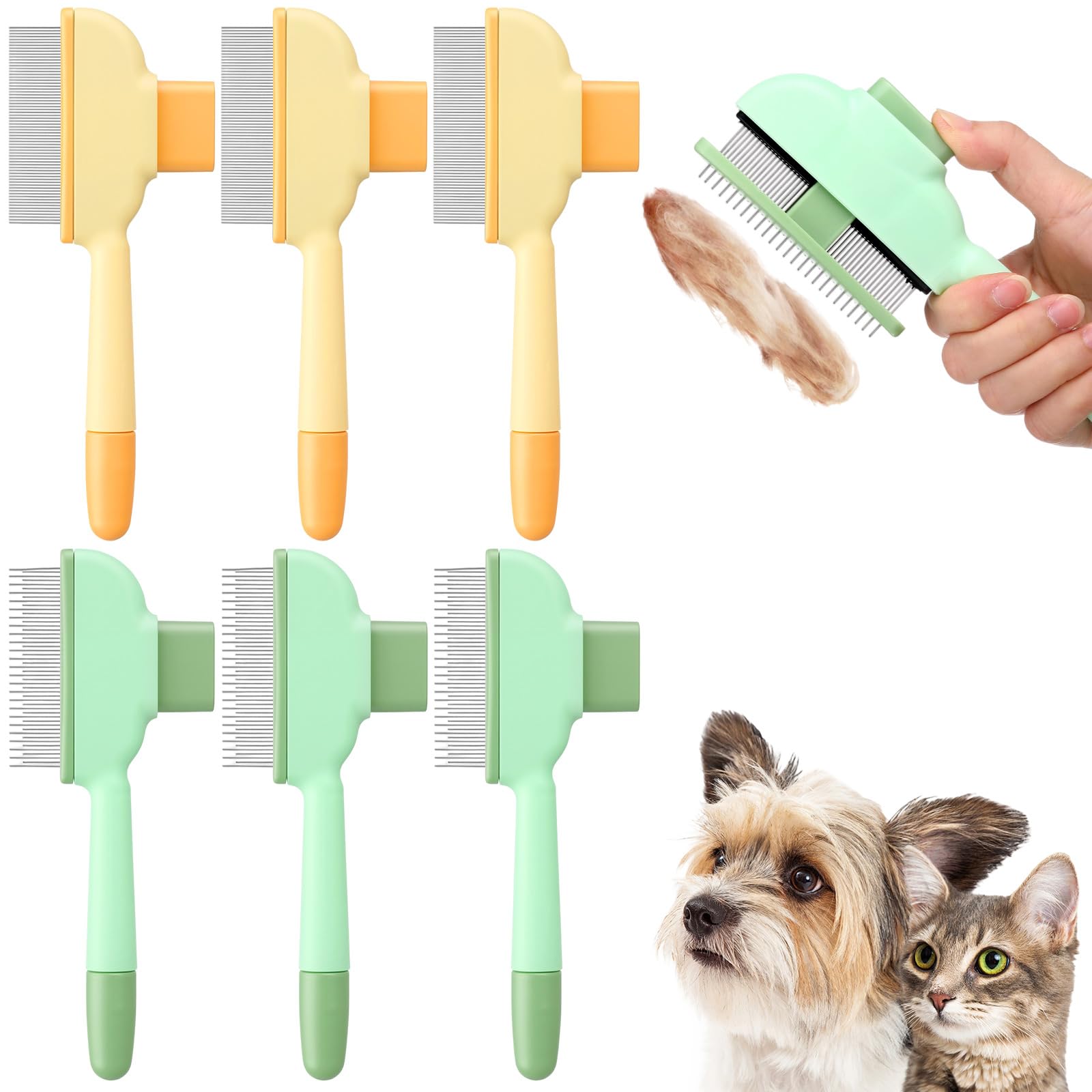 Meanplan 6 Pcs Pet Hair Removal Comb Flea Comb for Cats Dogs One Click Self Cleaning Grooming Brush Bulk Dogs Long Short Stainle