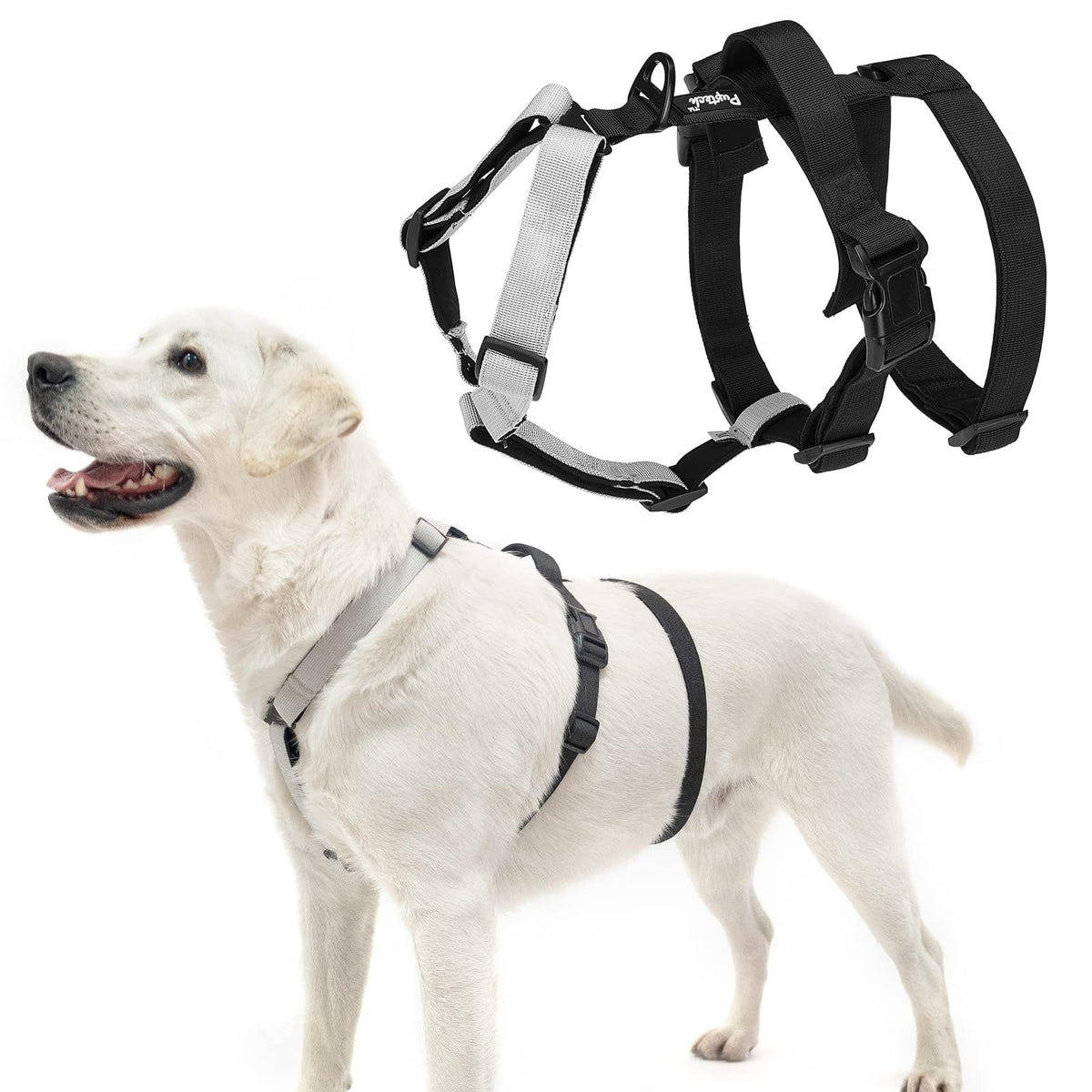 Pupteck Escape Proof Dog Harness - No Pull Soft Padded Full Body Pet Halter Harness With Lift Handle For Small Medium Large Doggies Walking Hiking Hunting, Snowwhite & Black, S