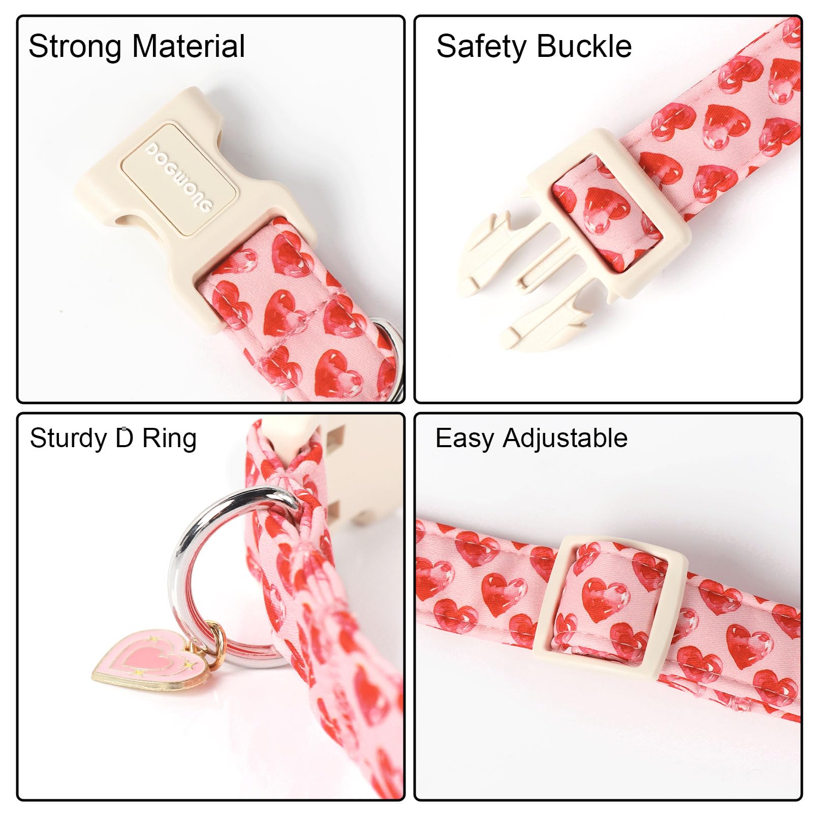 Dogwong Valentine Dog Collar- Cute Pink Heart Dog Collars Adjustable Durable Designer Valentines Day Dog Collar For Small Medium