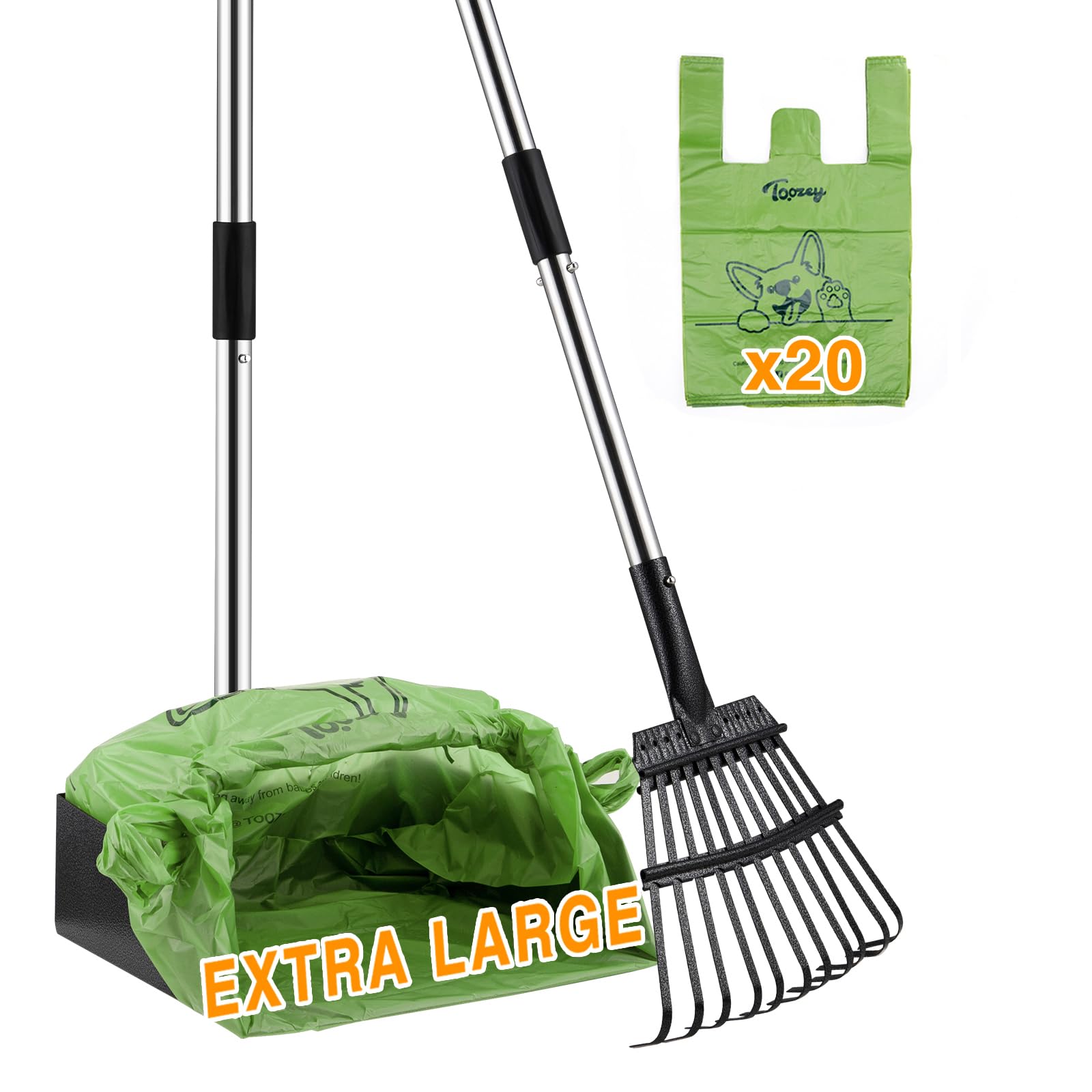 Toozey Dog Pooper Scooper With Bags, Poop Scoop For Large, Medium, Small Dogs With Arch For Bagging, Poop Tray And Rake Set Long